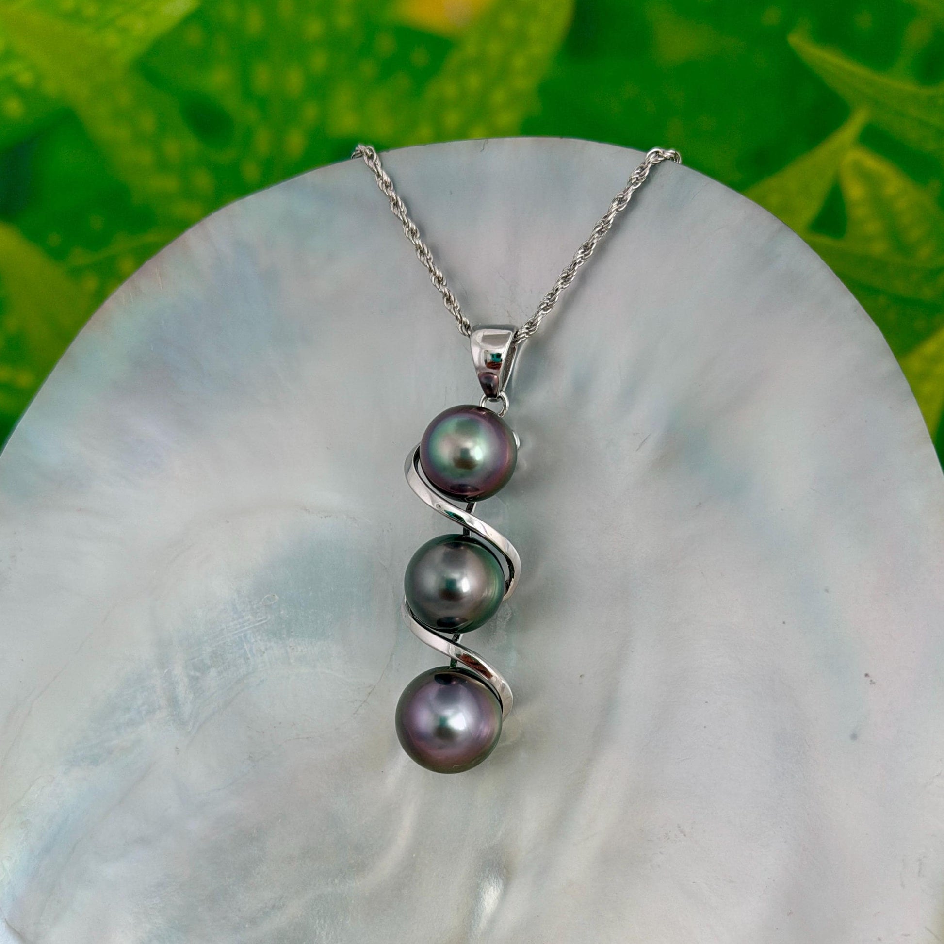 Tahitian pearl pendant • Triple drop jewelry design • Sterling silver swirl design