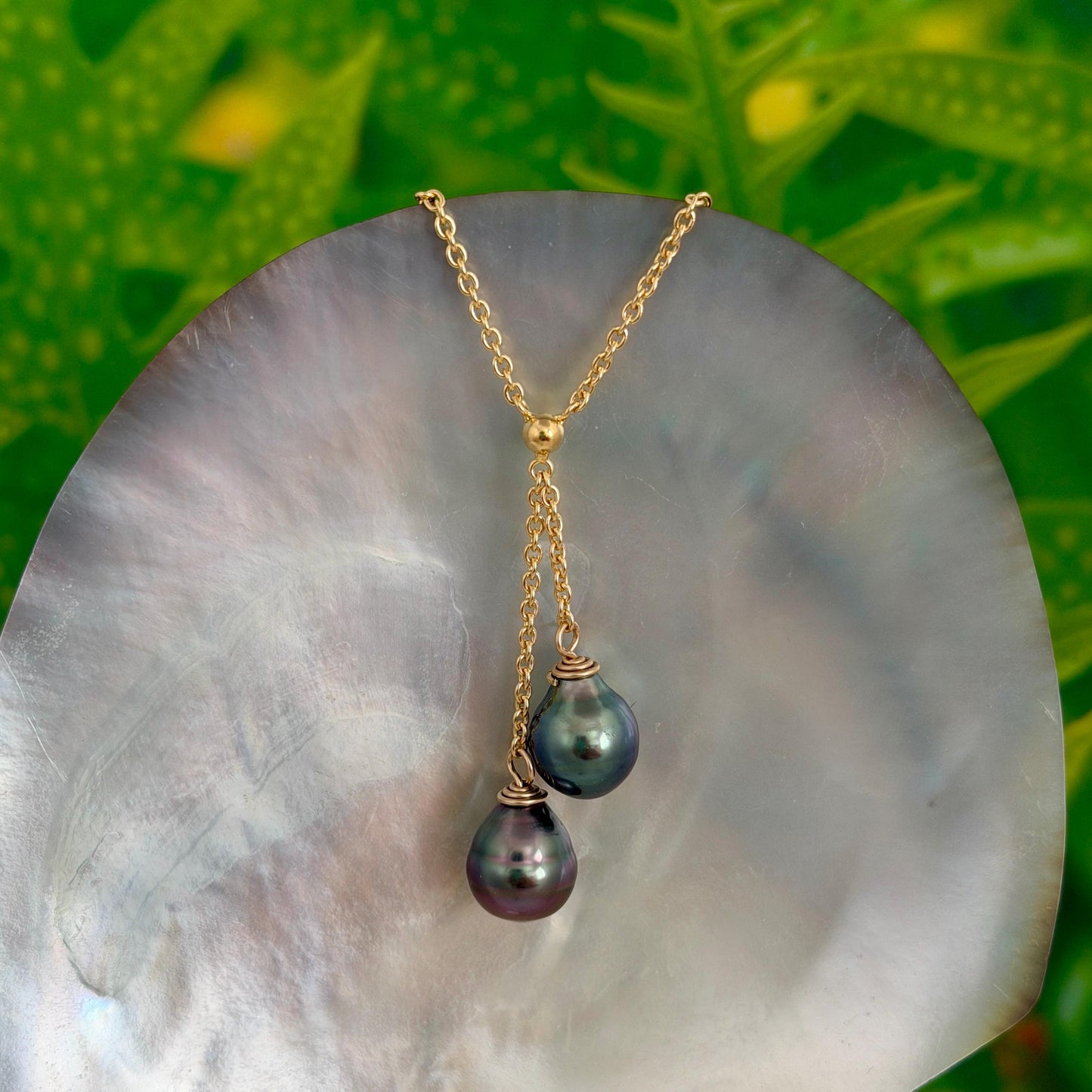 Tahitian Pearl Necklace • Double Drop Lariat Design • Pink Aubergine Blue color