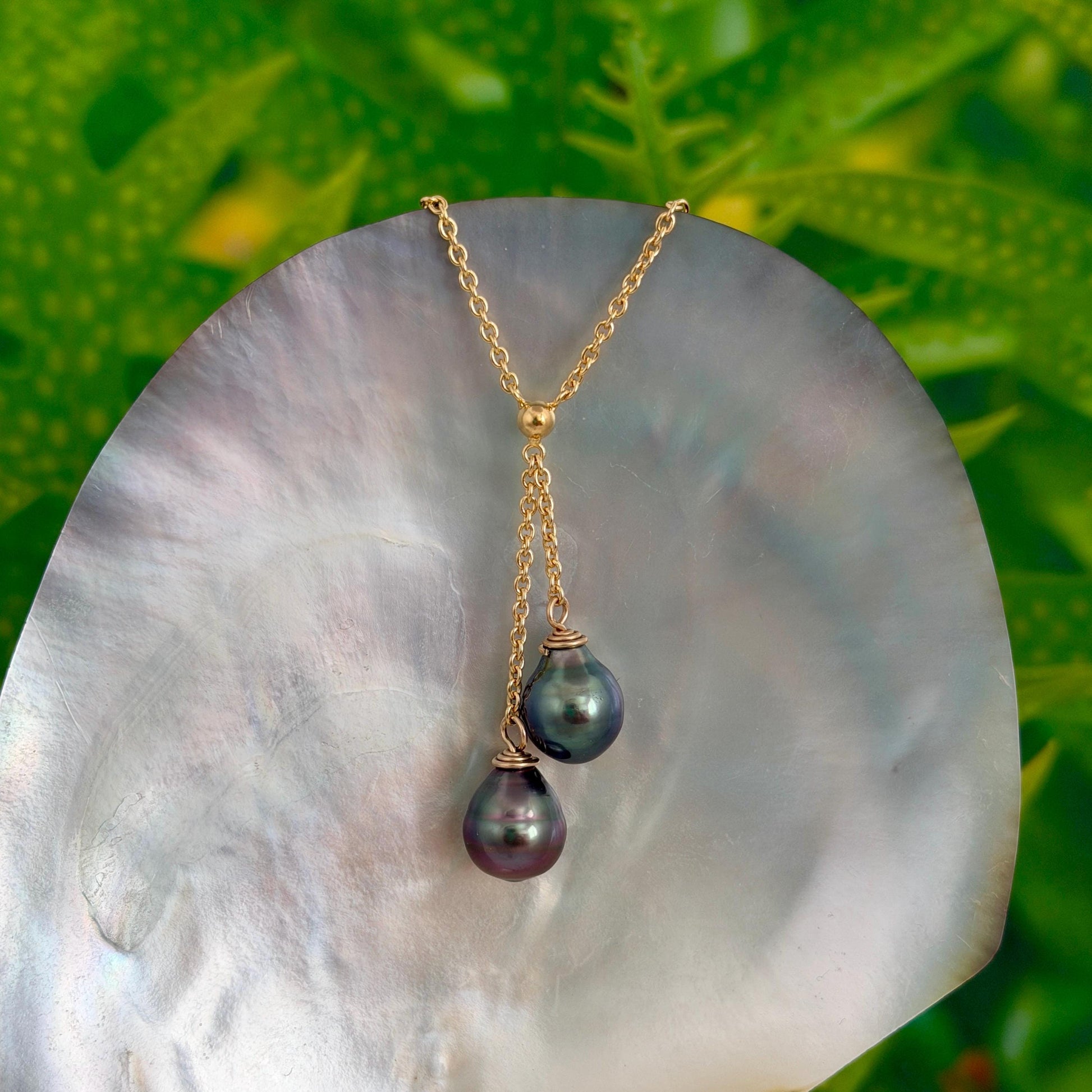 Tahitian Pearl Necklace • Double Drop Lariat Design • Pink Aubergine Blue color