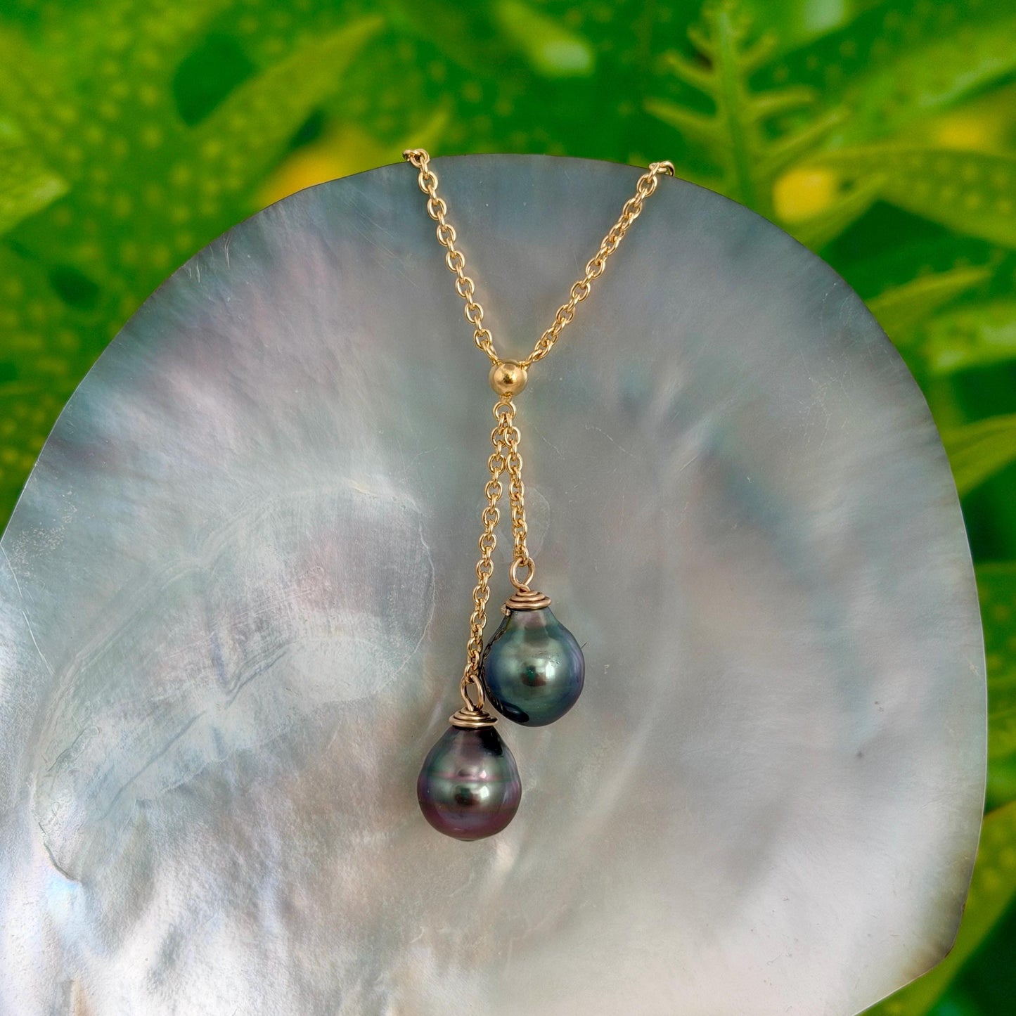 Tahitian Pearl Necklace • Double Drop Lariat Design • Pink Aubergine Blue color