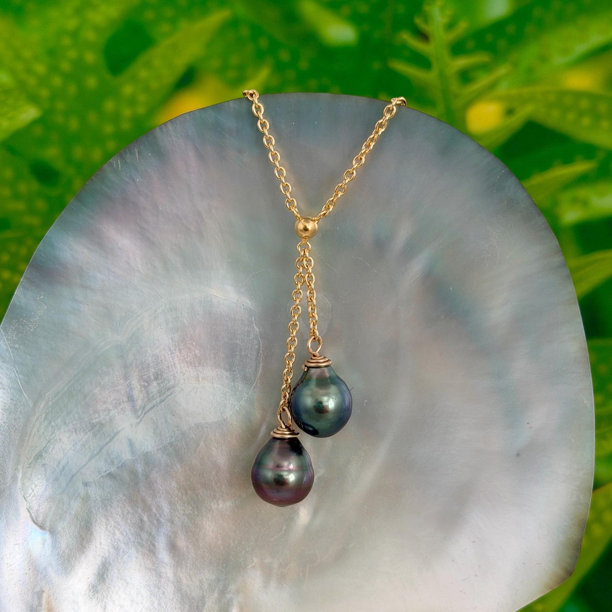 Tahitian Pearl Necklace • Double Drop Lariat Design • Pink Aubergine Blue color