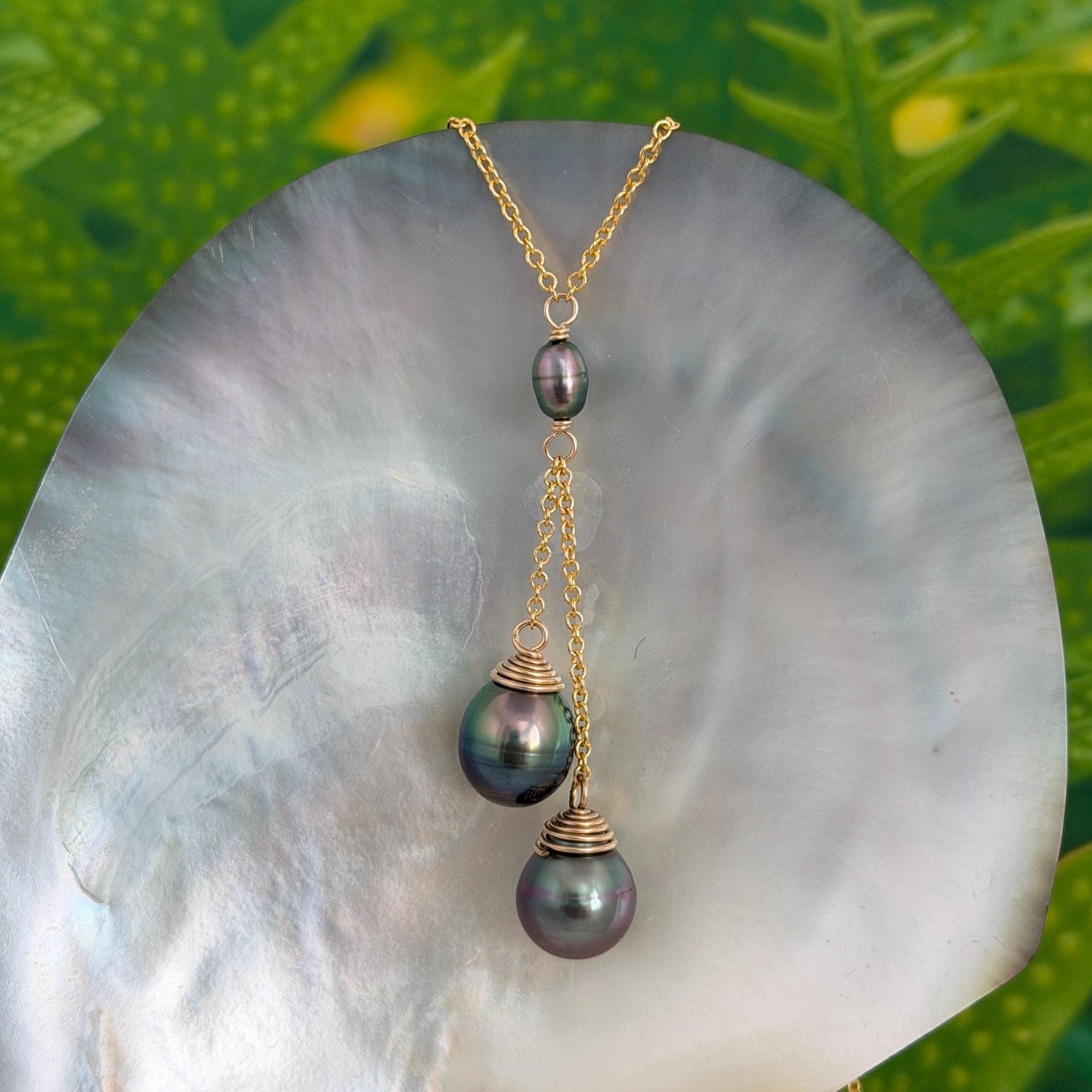 Tahitian Pearl and Keshi Necklace • Gold filled • Peacock Blue Green Pink