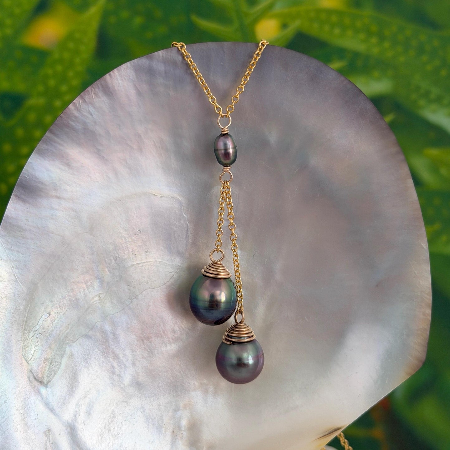 Tahitian Pearl and Keshi Necklace • Gold filled • Peacock Blue Green Pink