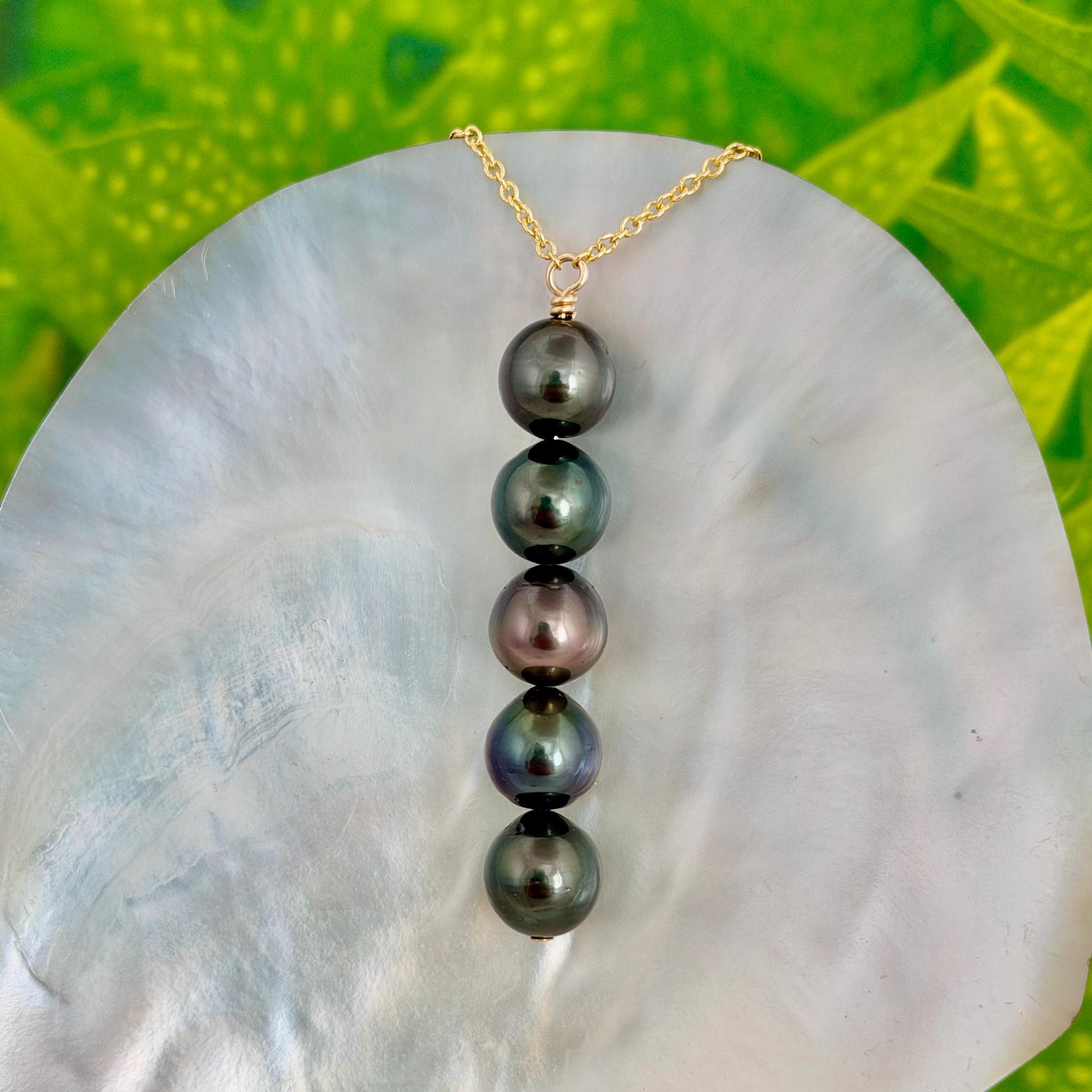 Tahitian Pearl Necklace – Gold filled • 5 Pearl Vertical Drop.