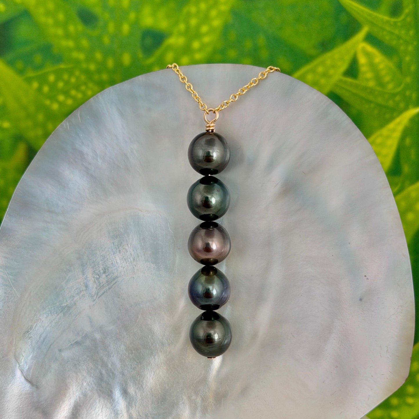 Tahitian Pearl Necklace – Gold filled • 5 Pearl Vertical Drop.