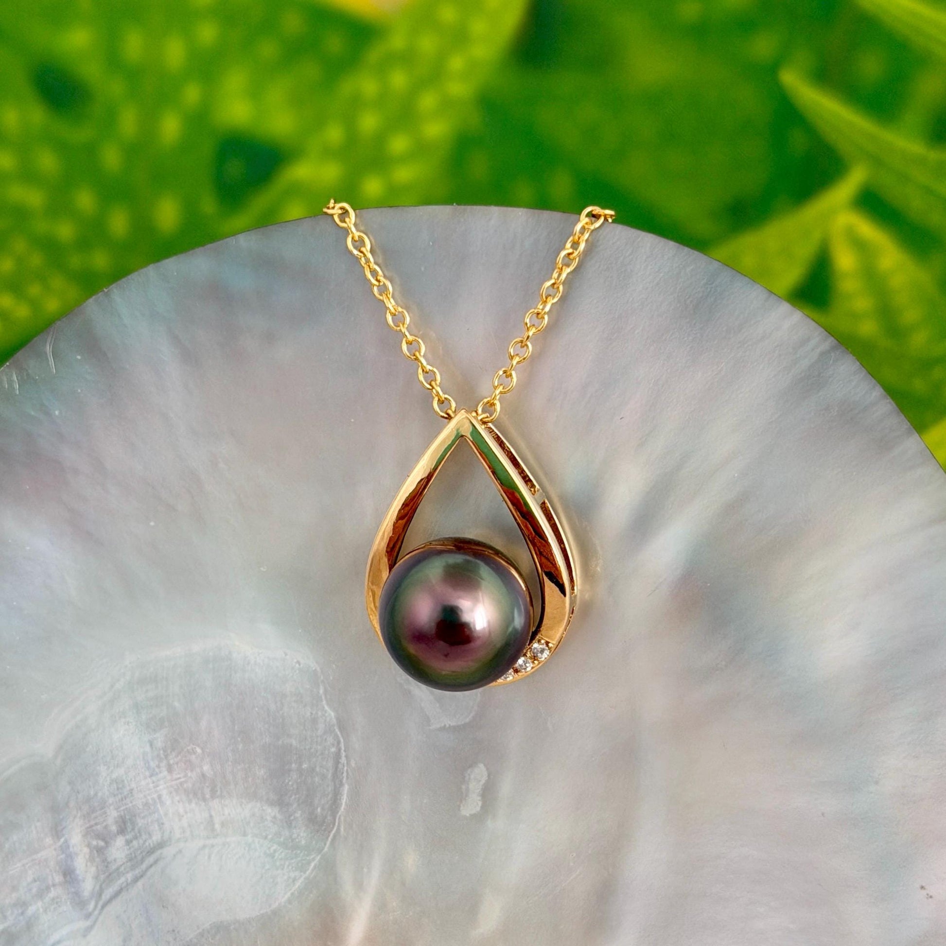 Tahitian pearl pendant • peacock color • teardrop necklace with CZ