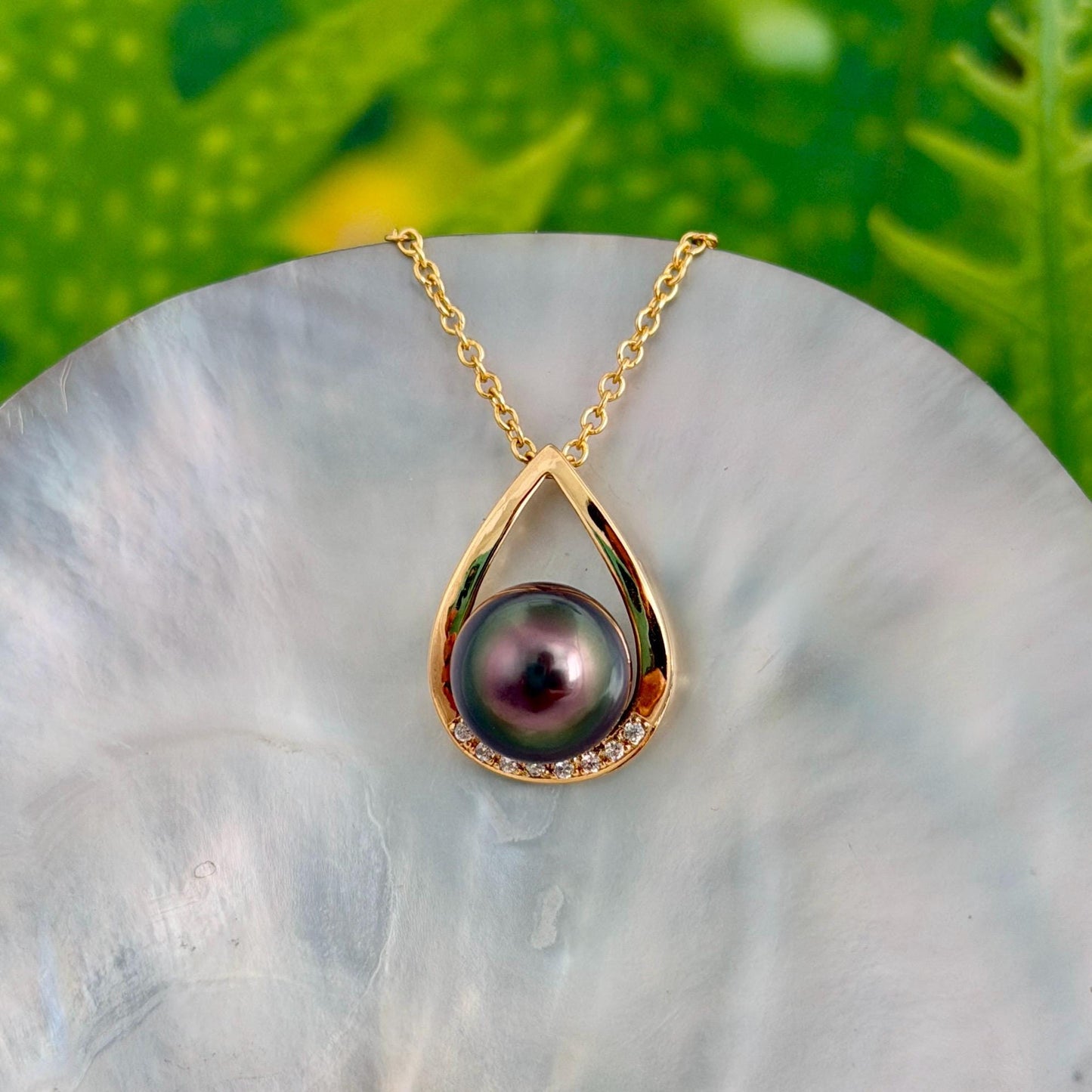 Tahitian pearl pendant • peacock color • teardrop necklace with CZ