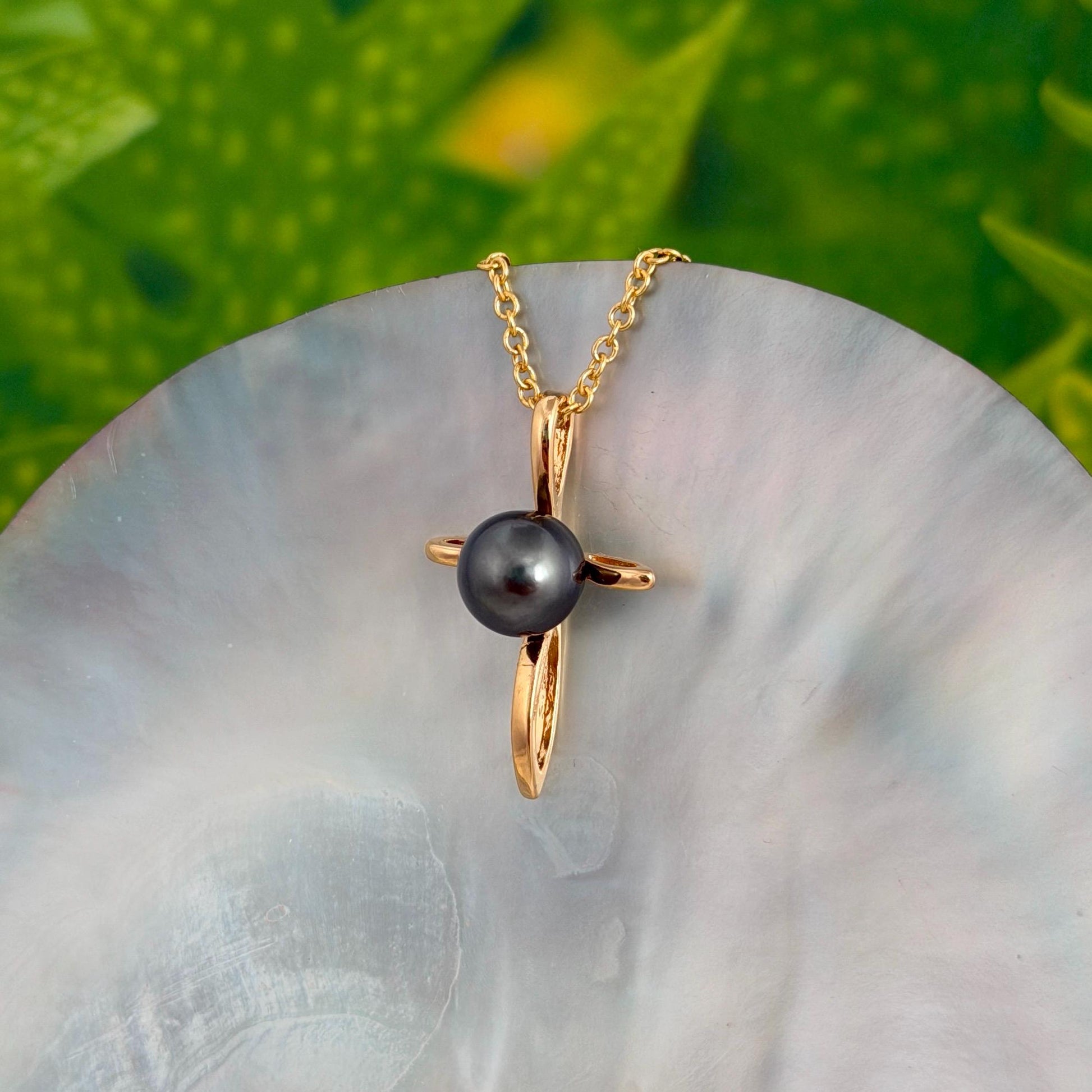 Tahitian Pearl Pendant – 14k Gold plated Cross