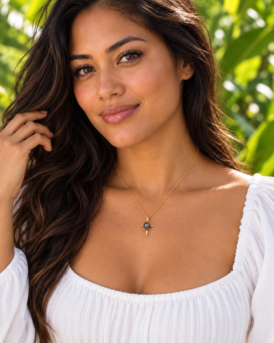 Tahitian Pearl Pendant – 14k Gold plated Cross