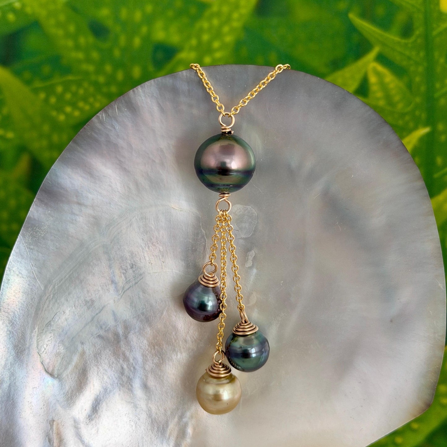 Tahitian pearl necklace • Multi drop design with four pearls • Gold filled