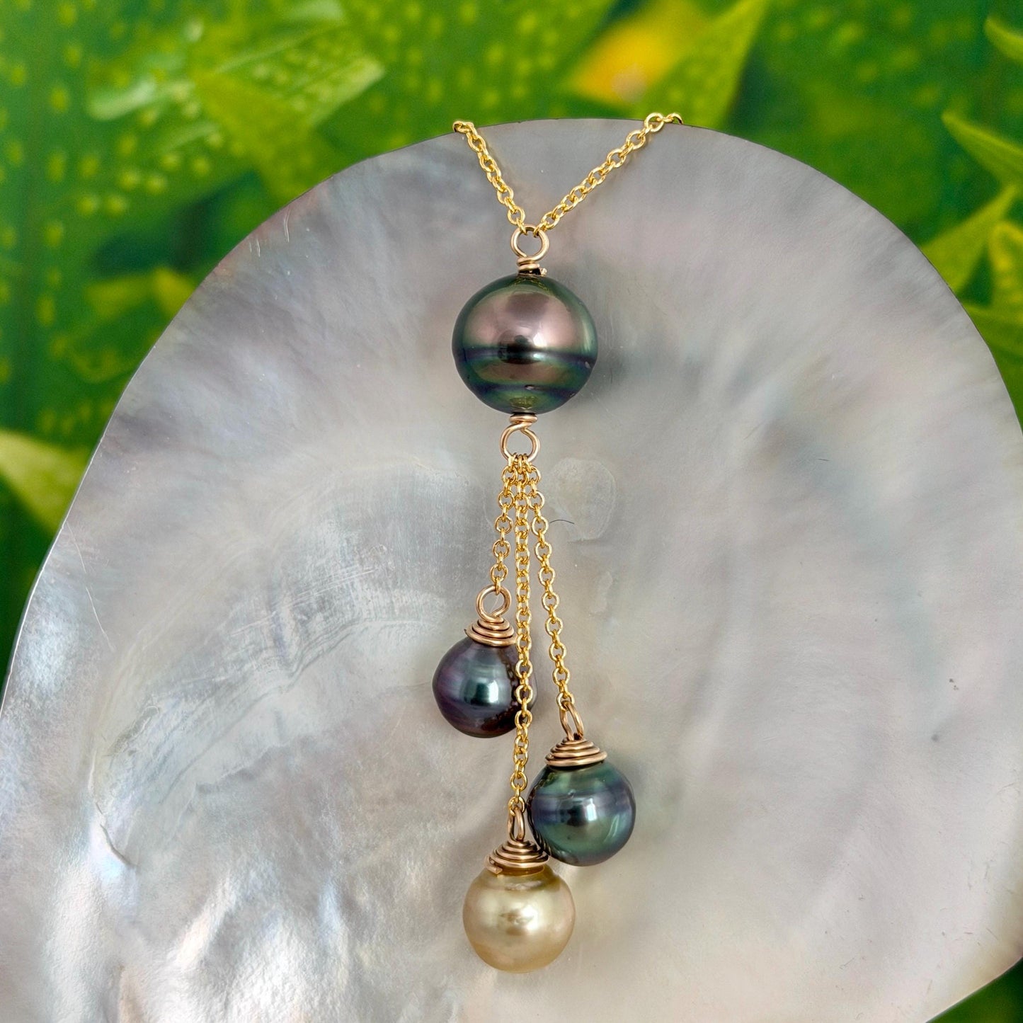 Tahitian pearl necklace • Multi drop design with four pearls • Gold filled