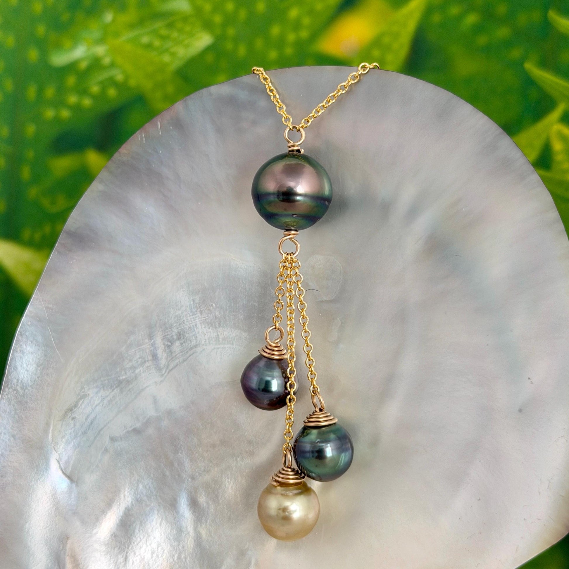 Tahitian pearl necklace • Multi drop design with four pearls • Gold filled