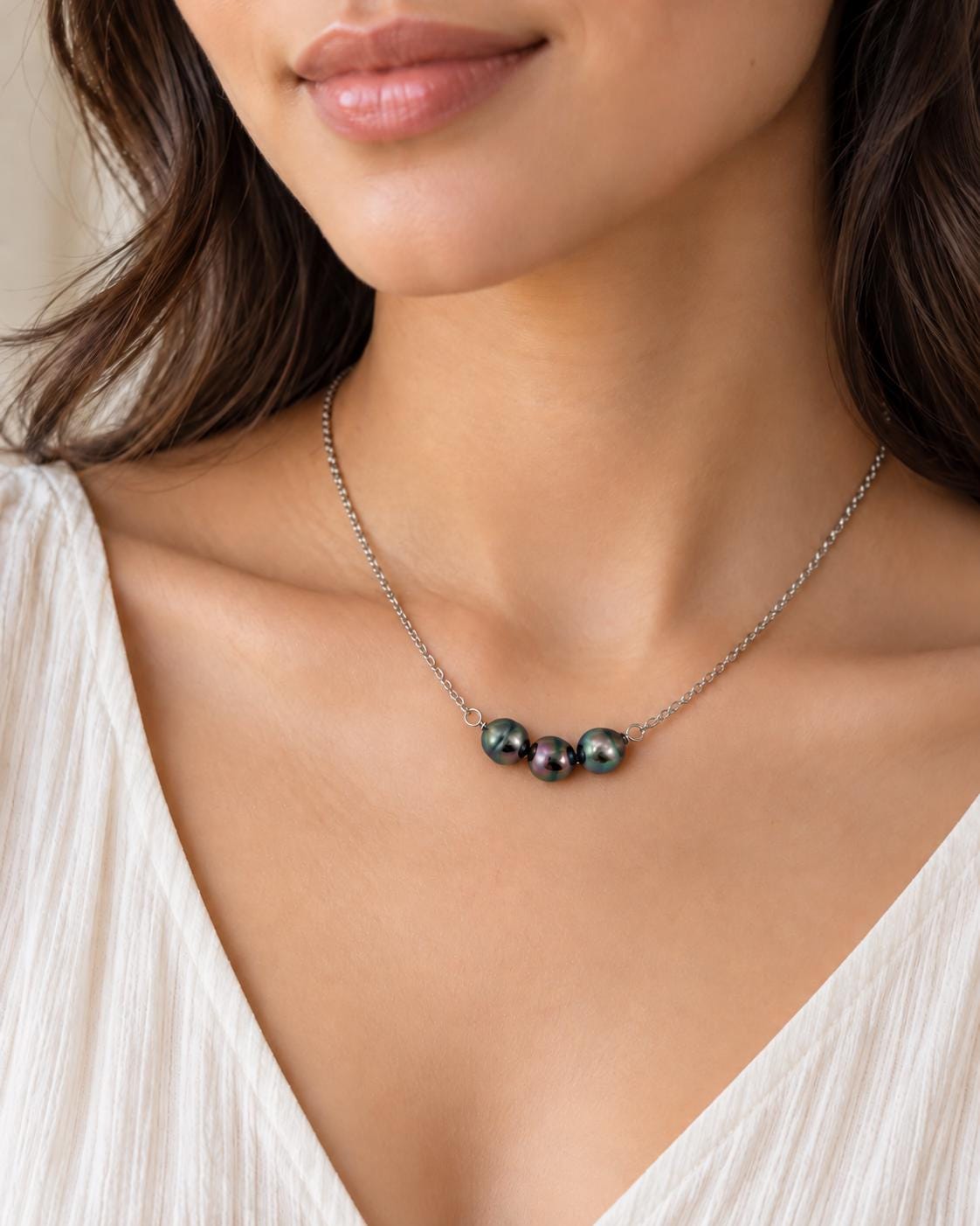 Tahitian Pearl Necklace – Triple U design on Sterling Silver Chain