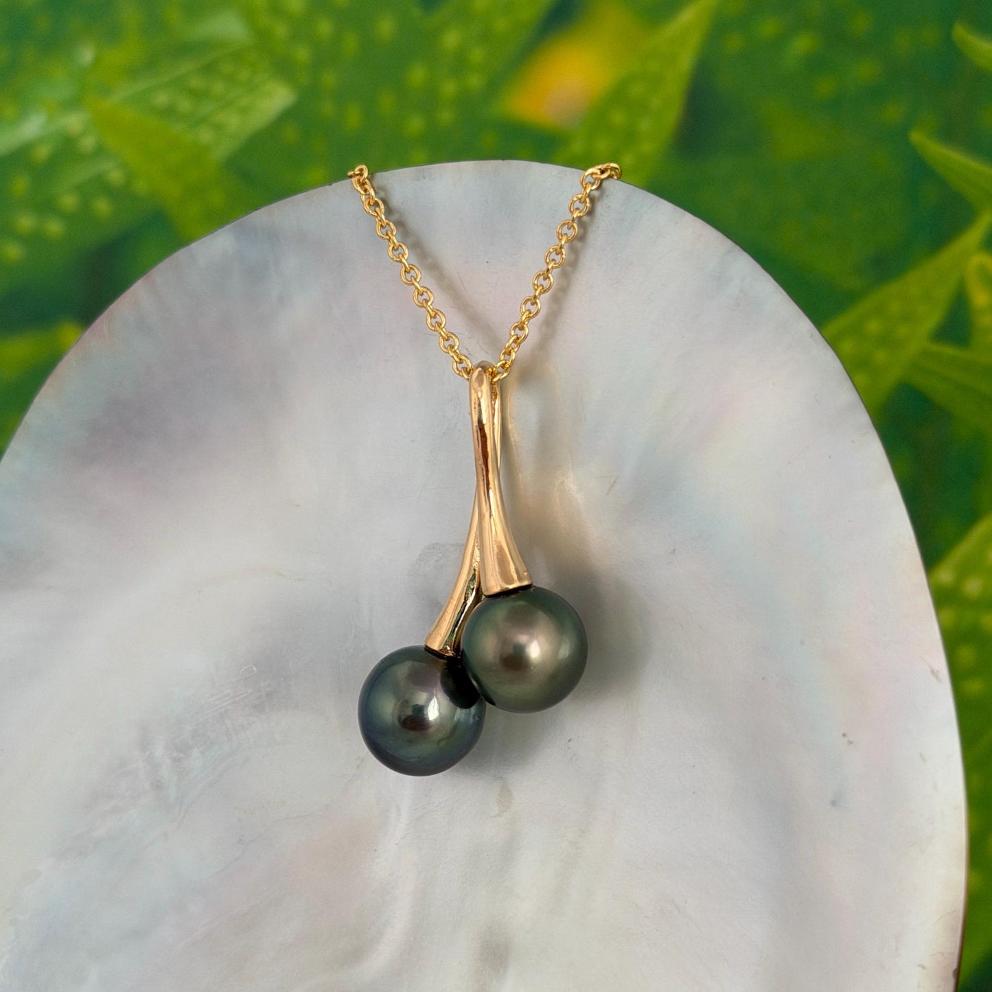 Tahitian pearl necklace • Duo pendant • Gold Double design • Dark Green and Pink