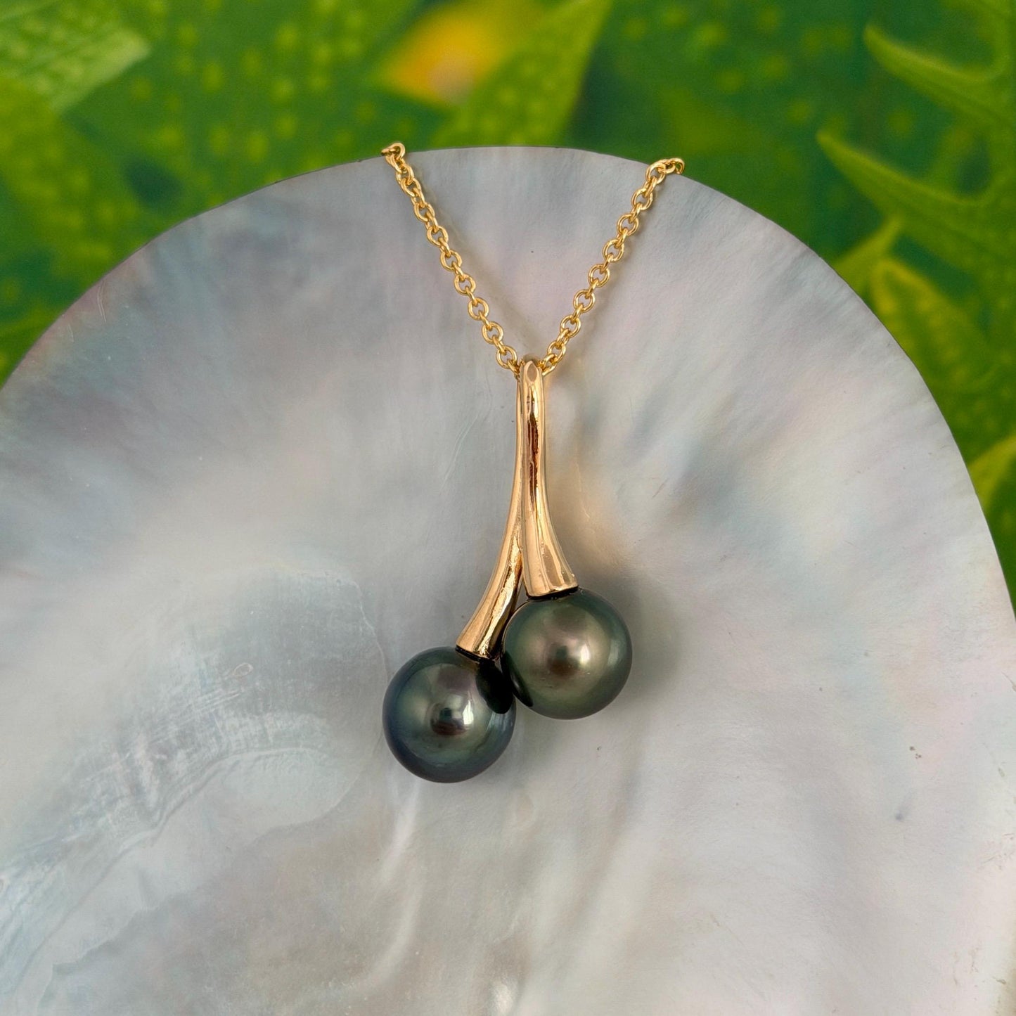 Tahitian pearl necklace • Duo pendant • Gold Double design • Dark Green and Pink
