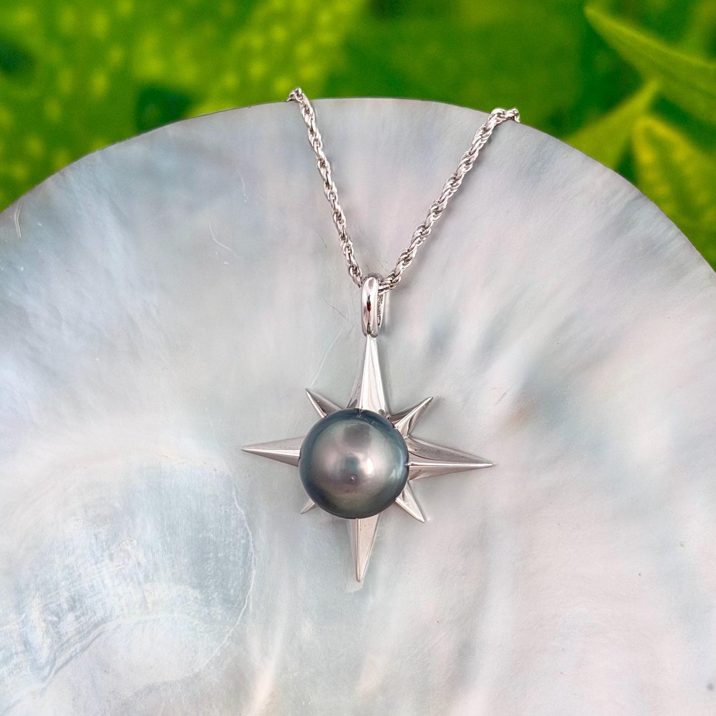 Tahitian Pearl Star Necklace: Sterling Silver Starburst Pendant, Hawaiian Jewelry