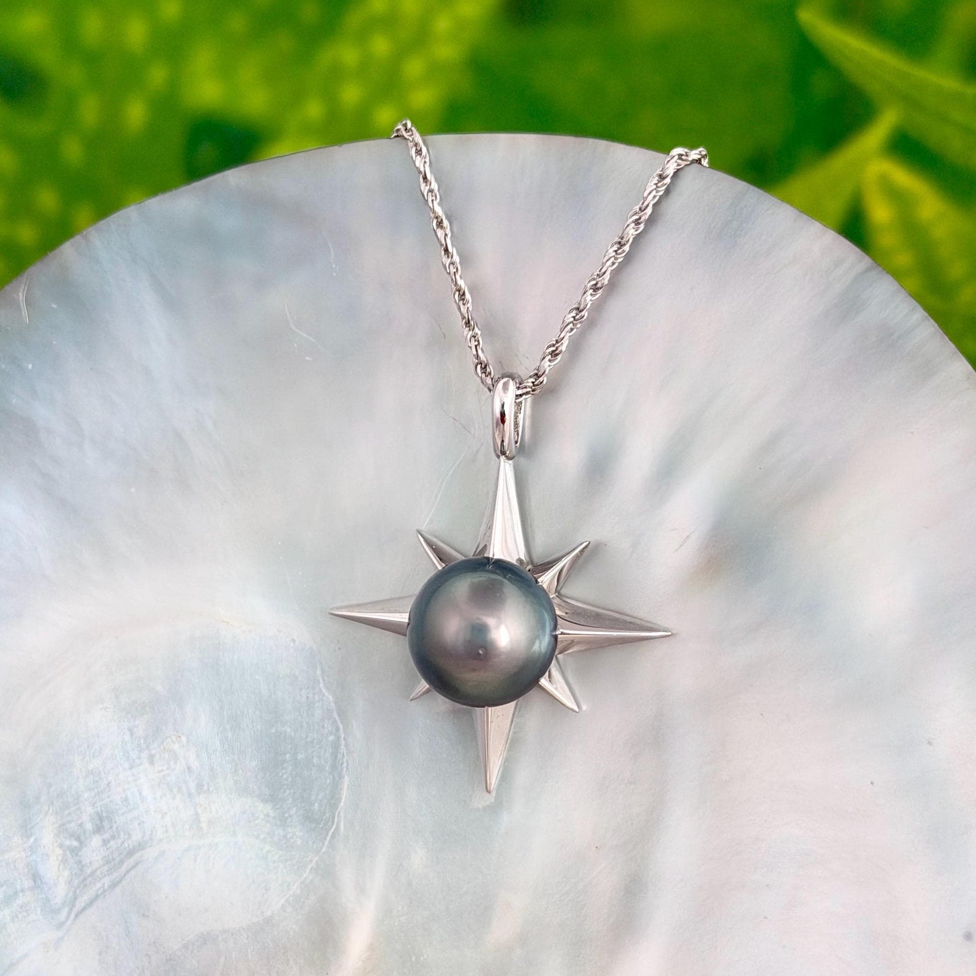 Tahitian Pearl Star Necklace: Sterling Silver Starburst Pendant, Hawaiian Jewelry