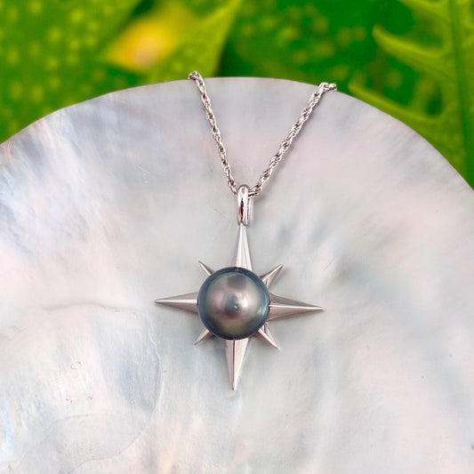 Tahitian Pearl Star Necklace: Sterling Silver Starburst Pendant, Hawaiian Jewelry