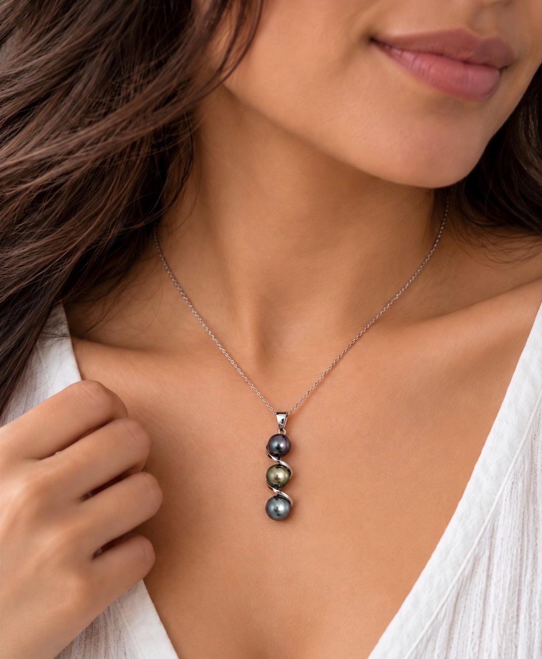 Tahitian pearl pendant • Triple drop jewelry design • Sterling silver swirl setting