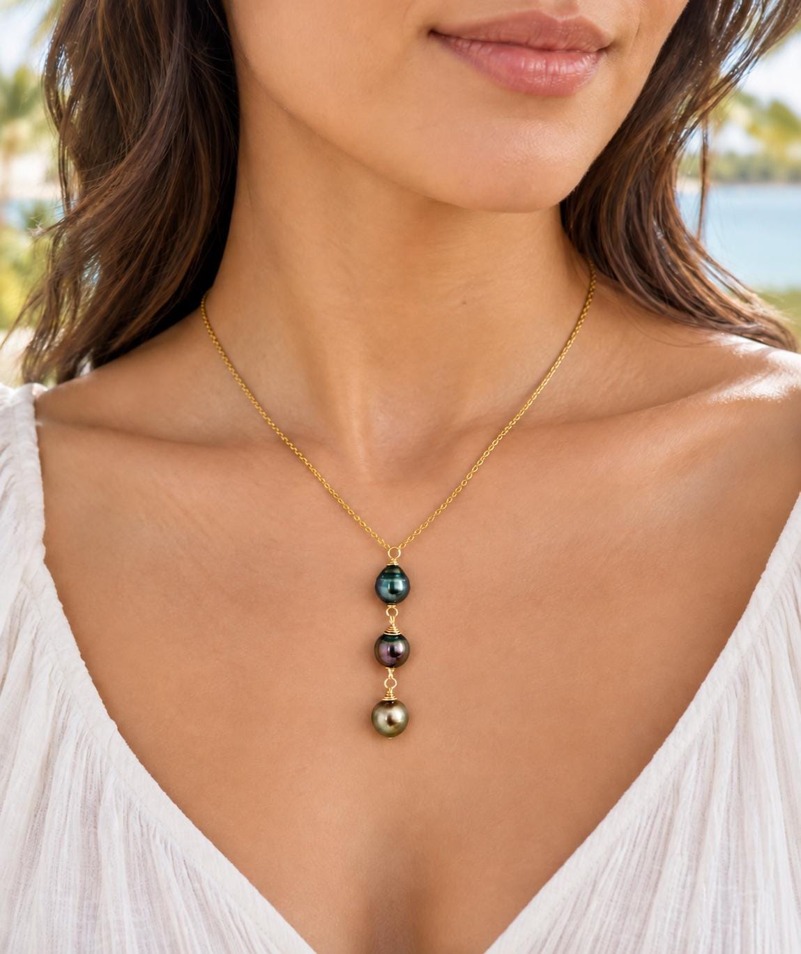Tahitian Pearl Drop Necklace • Triple • Trio • 14k Gold-Filled • Aubergine, Pistachio and Green
