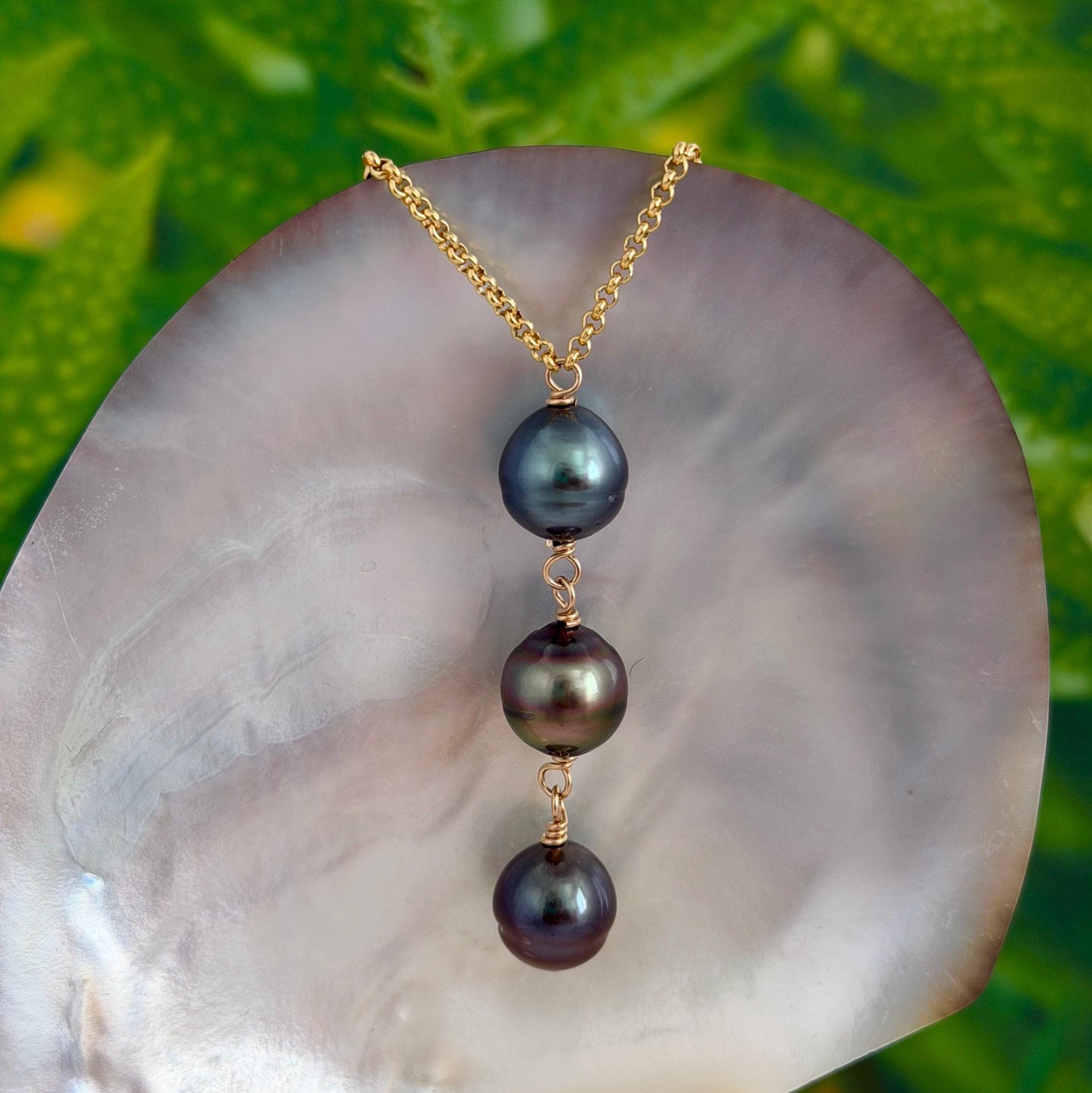 Tahitian Pearl Necklace – Big Triple Trio 11mm • 14k Gold-Filled Chain