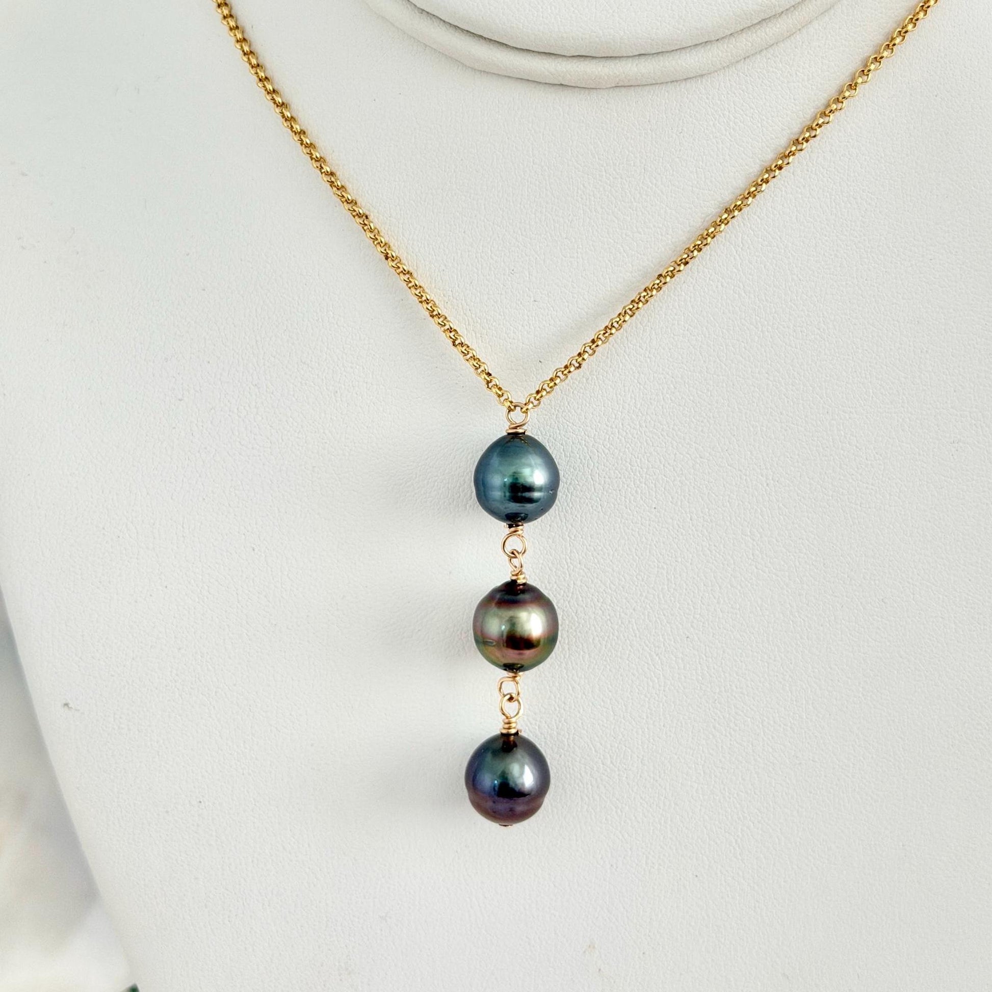 Tahitian Pearl Necklace – Big Triple Trio 11mm • 14k Gold-Filled Chain