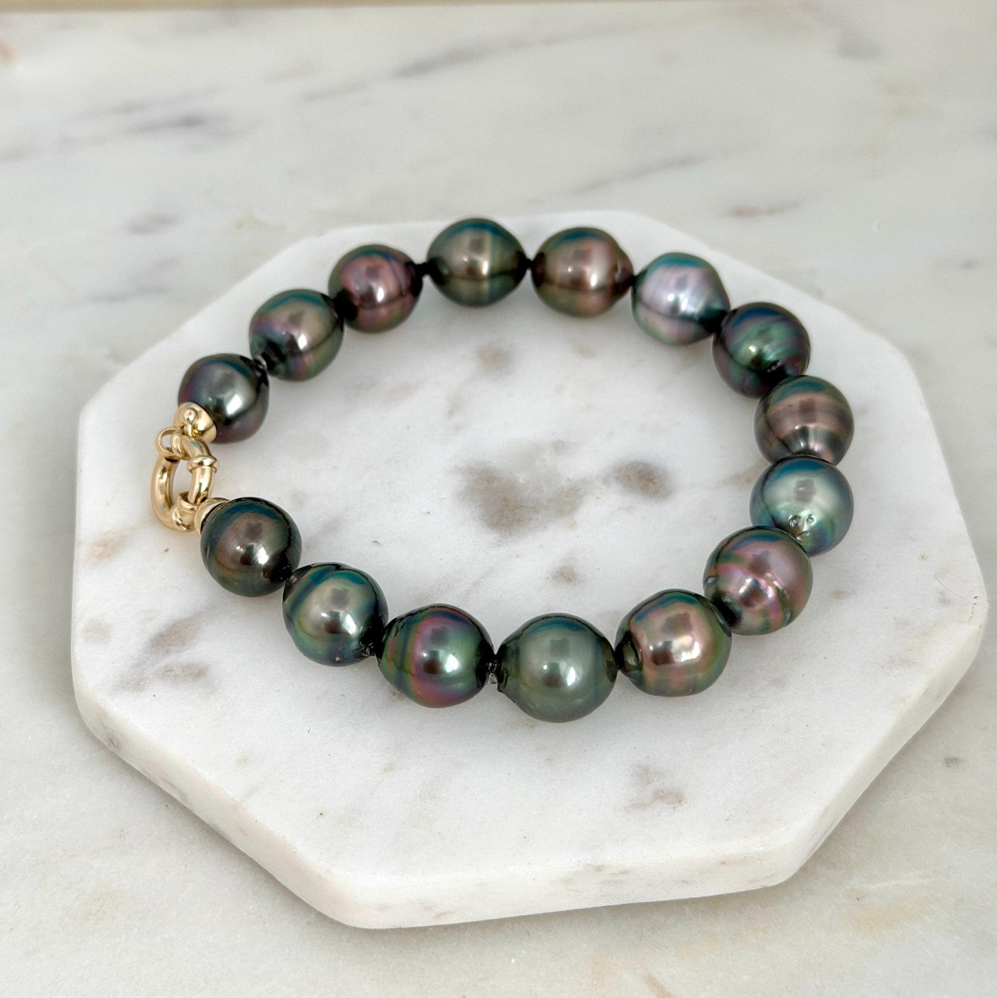 Tahitian Pearl Bracelet • 10.4–10.8mm Tahitian Black Pearls • Peacock Pearl Strand • 14K Gold Vermeil Clasp