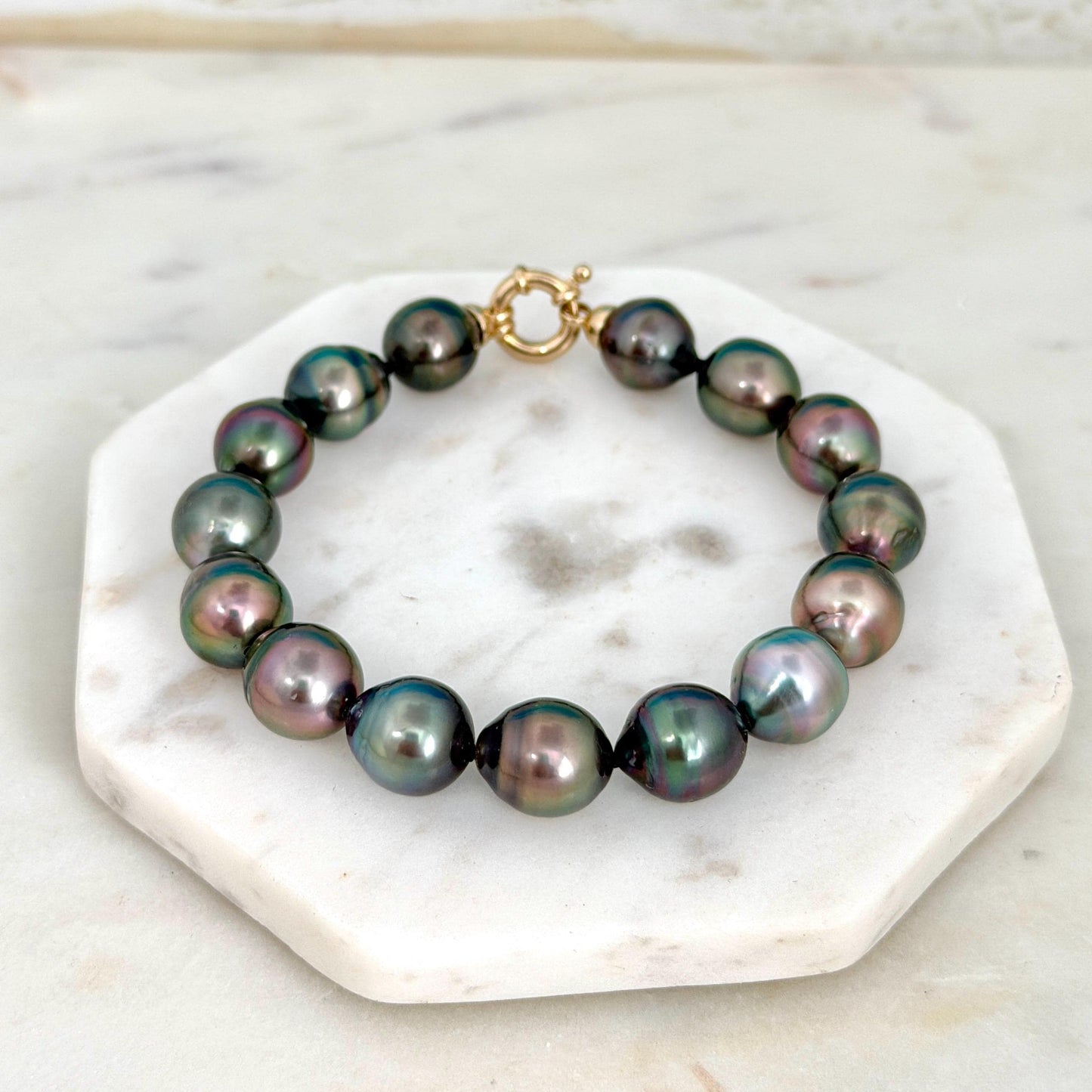 Tahitian Pearl Bracelet • 10.4–10.8mm Tahitian Black Pearls • Peacock Pearl Strand • 14K Gold Vermeil Clasp