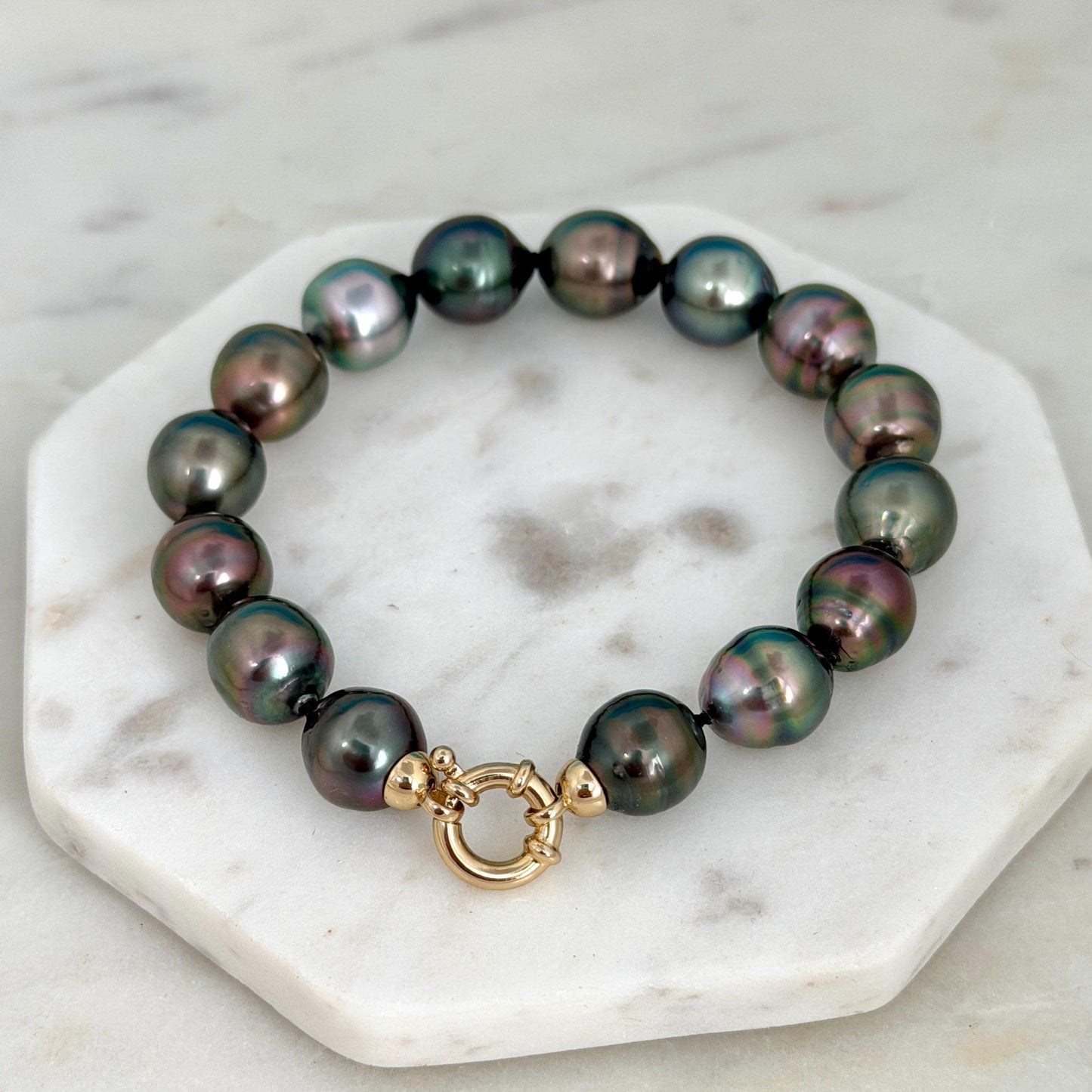 Tahitian Pearl Bracelet • 10.4–10.8mm Tahitian Black Pearls • Peacock Pearl Strand • 14K Gold Vermeil Clasp