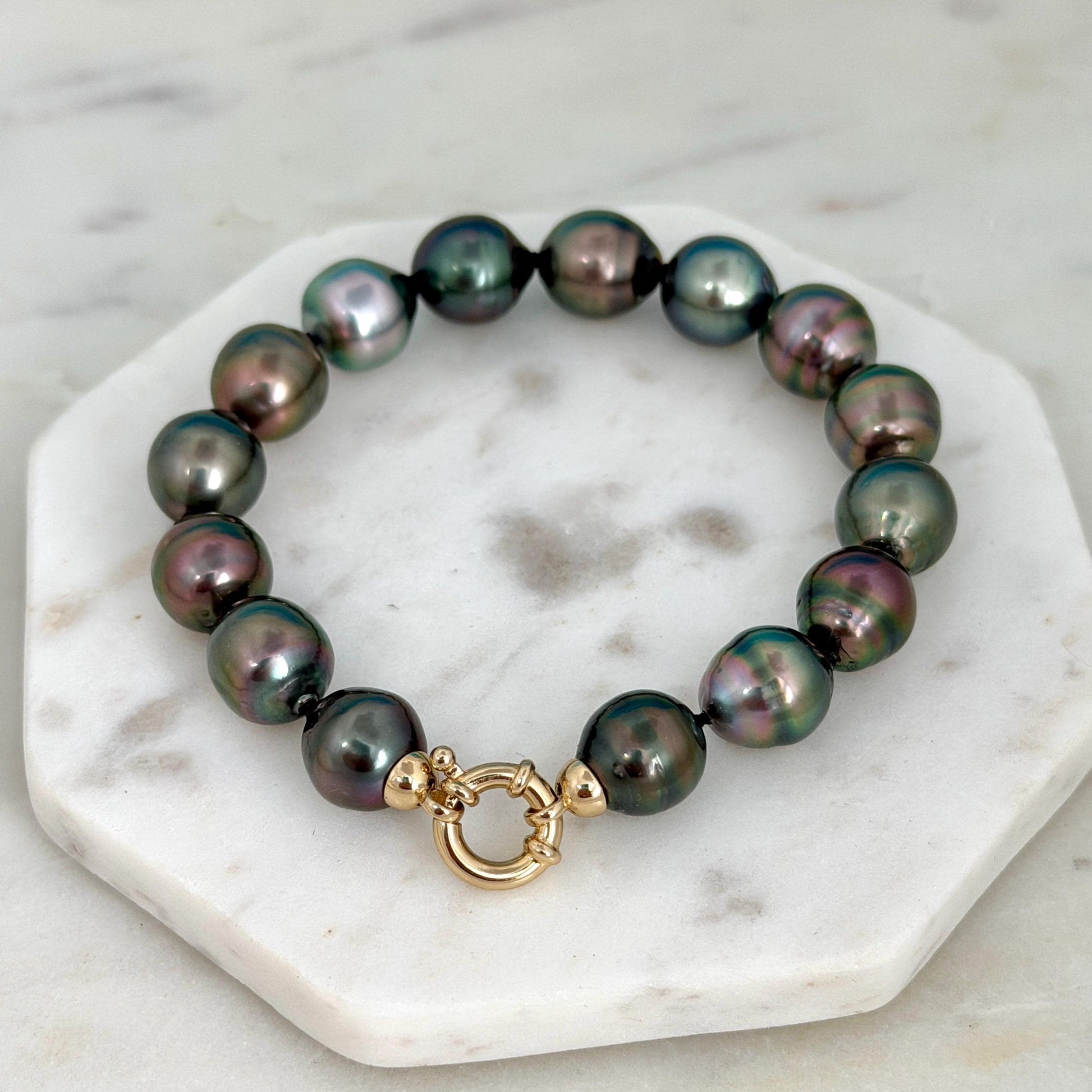 Tahitian Pearl Bracelet • 10.4–10.8mm Tahitian Black Pearls • Peacock Pearl Strand • 14K Gold Vermeil Clasp