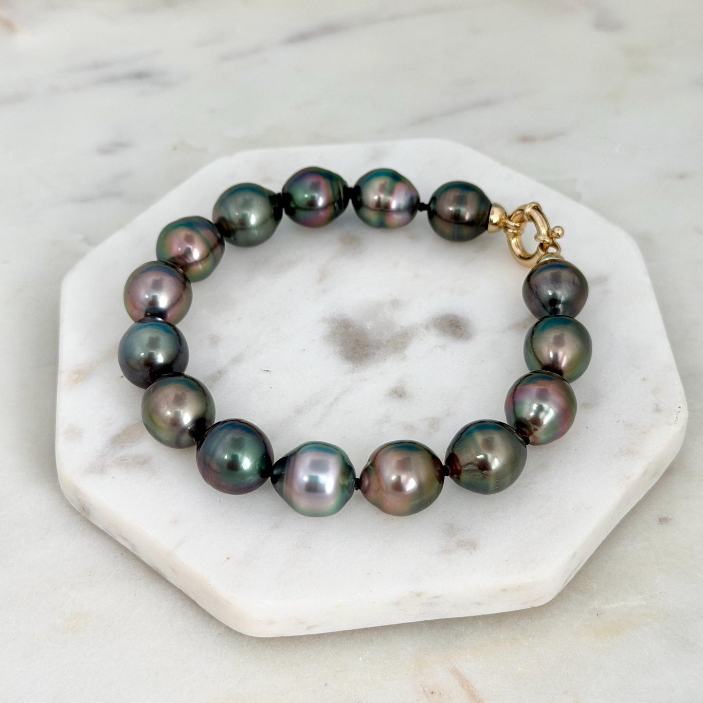 Tahitian Pearl Bracelet • 10.4–10.8mm Tahitian Black Pearls • Peacock Pearl Strand • 14K Gold Vermeil Clasp