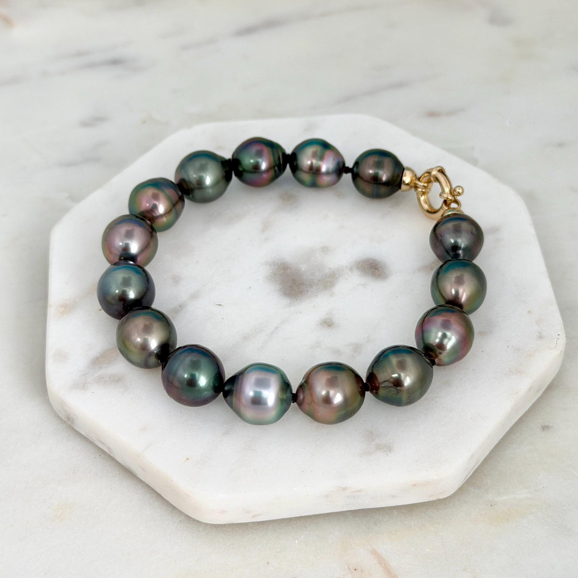 Tahitian Pearl Bracelet • 10.4–10.8mm Tahitian Black Pearls • Peacock Pearl Strand • 14K Gold Vermeil Clasp