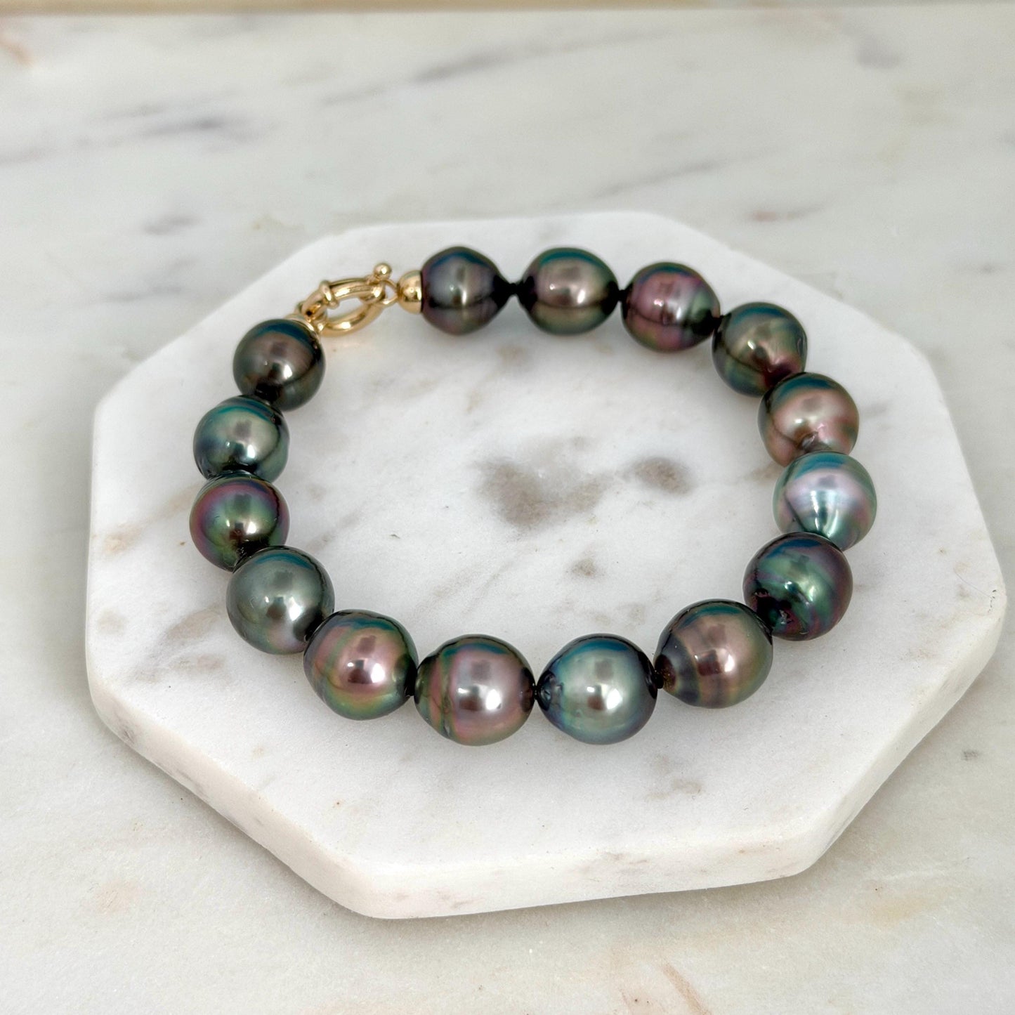 Tahitian Pearl Bracelet • 10.4–10.8mm Tahitian Black Pearls • Peacock Pearl Strand • 14K Gold Vermeil Clasp