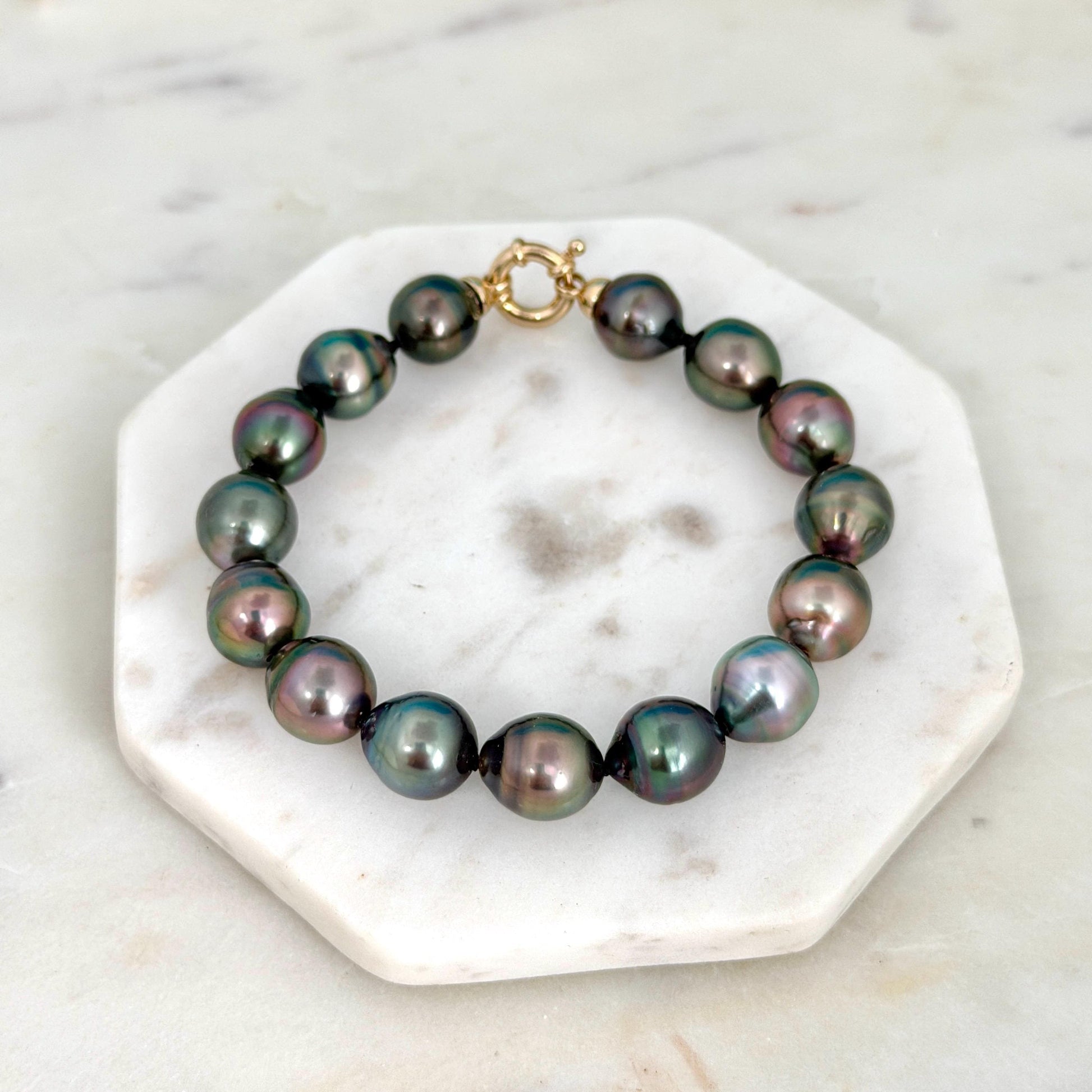 Tahitian Pearl Bracelet • 10.4–10.8mm Tahitian Black Pearls • Peacock Pearl Strand • 14K Gold Vermeil Clasp