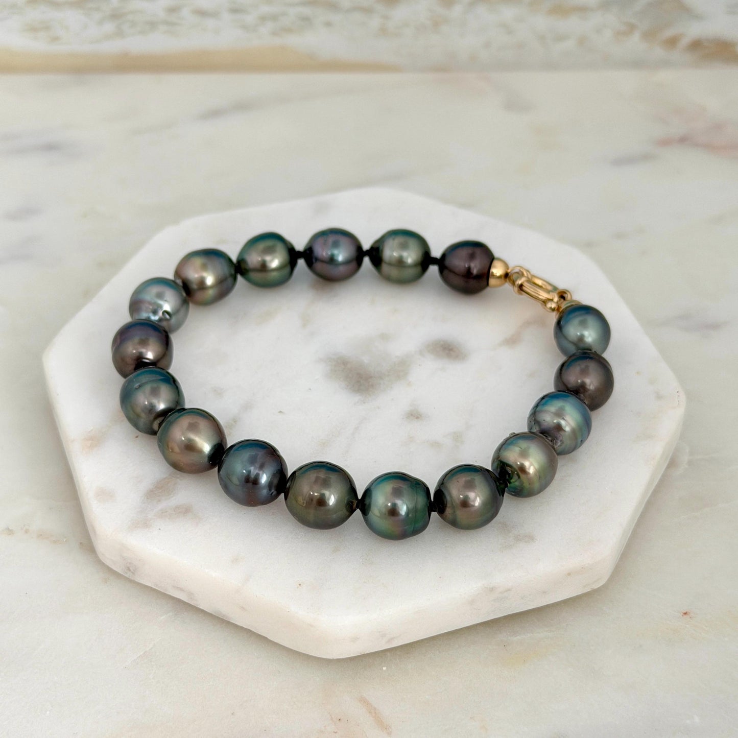 Tahitian Pearl Bracelet • 10.3-10.9mm Tahitian Black Pearls • Peacock Pearl Strand • 14K Gold Vermeil Clasp