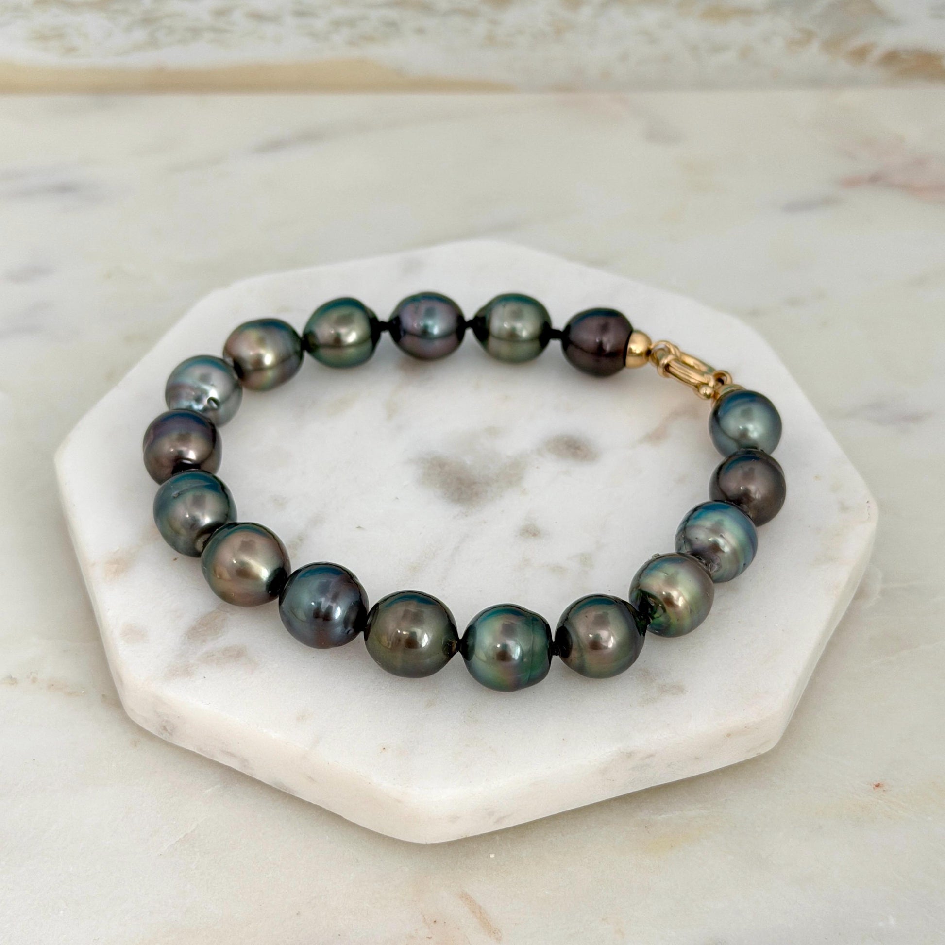 Tahitian Pearl Bracelet • 10.3-10.9mm Tahitian Black Pearls • Peacock Pearl Strand • 14K Gold Vermeil Clasp