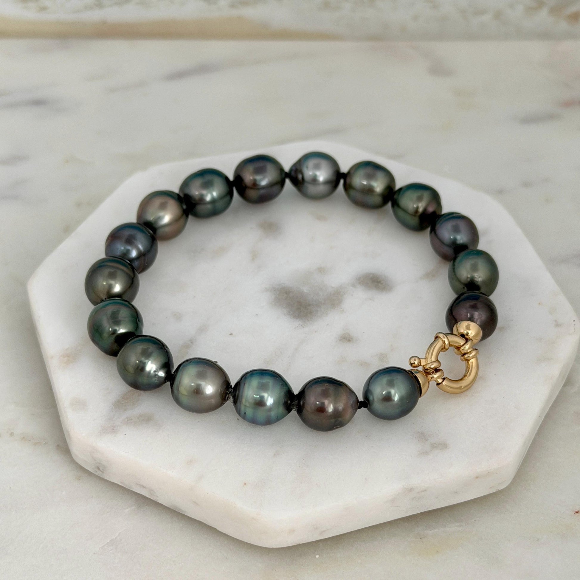 Tahitian Pearl Bracelet • 10.3-10.9mm Tahitian Black Pearls • Peacock Pearl Strand • 14K Gold Vermeil Clasp