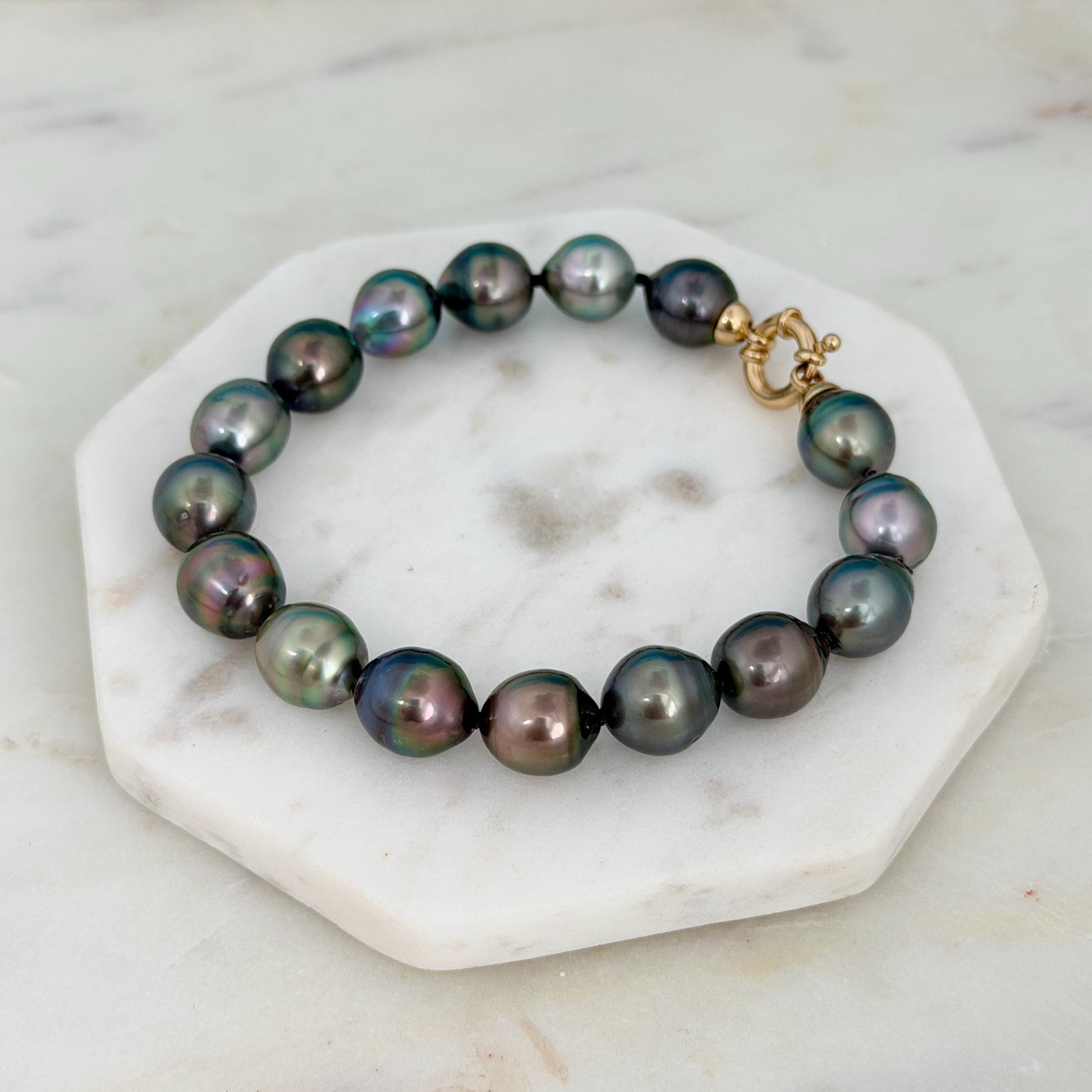 Tahitian Pearl Bracelet • 9.8-10.5mm Tahitian Black Pearls • Peacock Pearl Strand • 14K Gold Vermeil Clasp