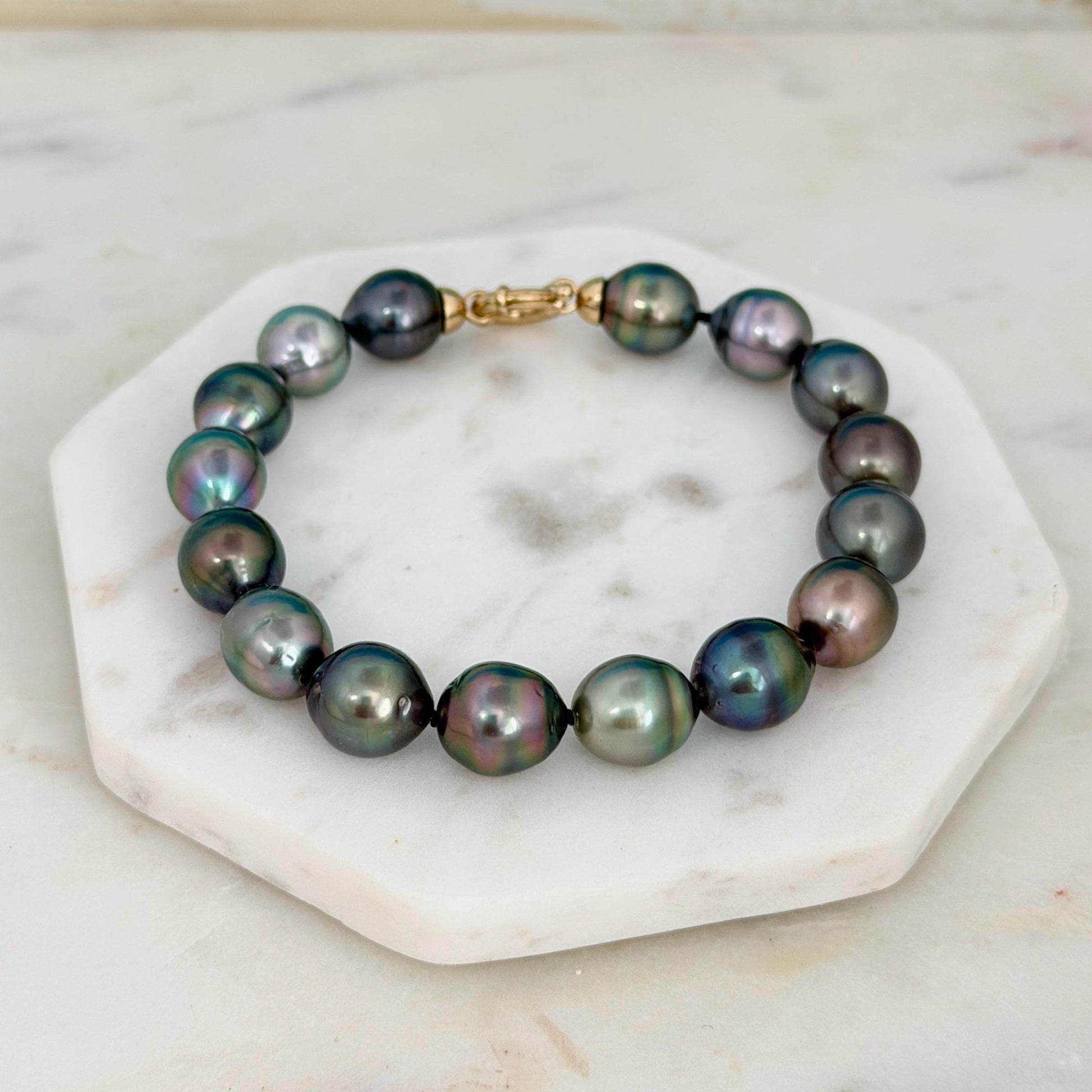Tahitian Pearl Bracelet • 9.8-10.5mm Tahitian Black Pearls • Peacock Pearl Strand • 14K Gold Vermeil Clasp