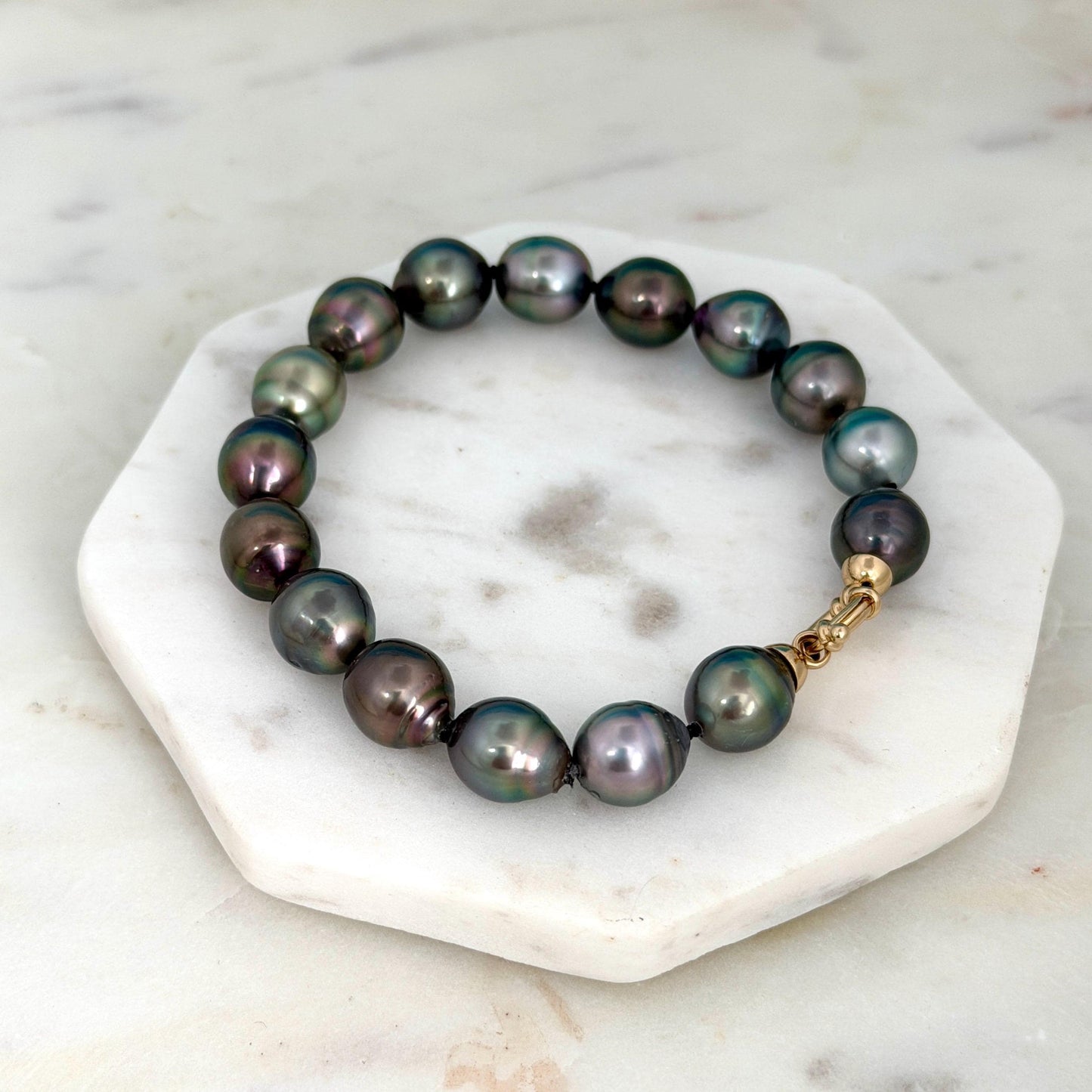 Tahitian Pearl Bracelet • 9.8-10.5mm Tahitian Black Pearls • Peacock Pearl Strand • 14K Gold Vermeil Clasp