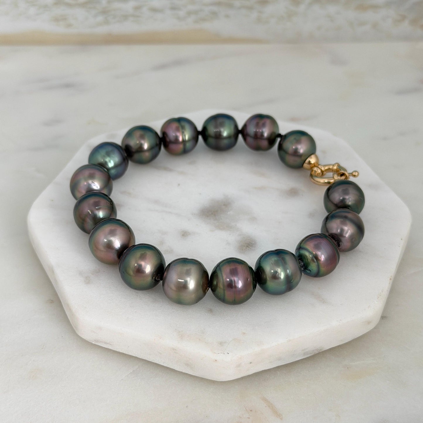 Tahitian Pearl Bracelet • gold vermeil clasp • PEACOCK colors • multicolor strand