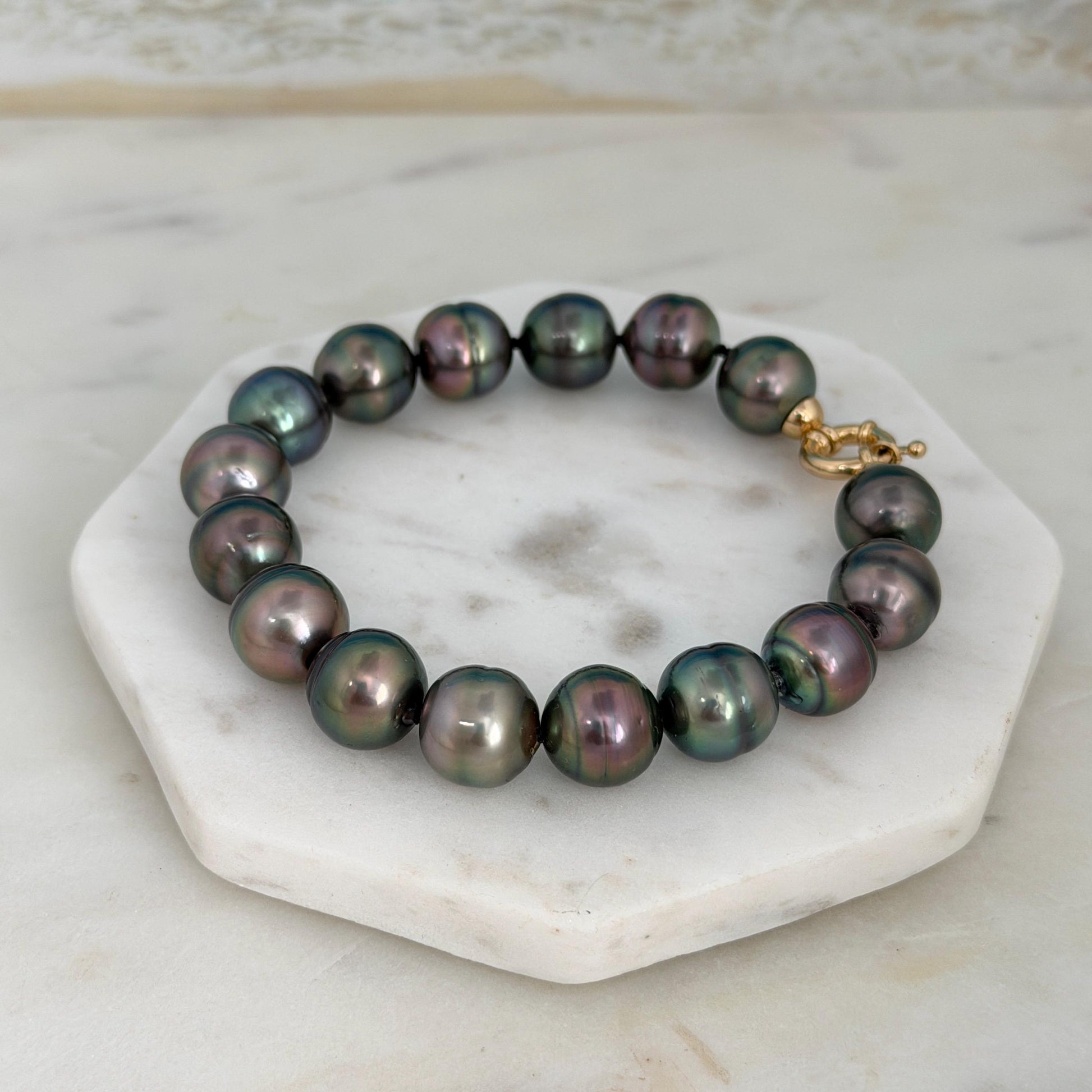 Tahitian Pearl Bracelet • gold vermeil clasp • PEACOCK colors • multicolor strand