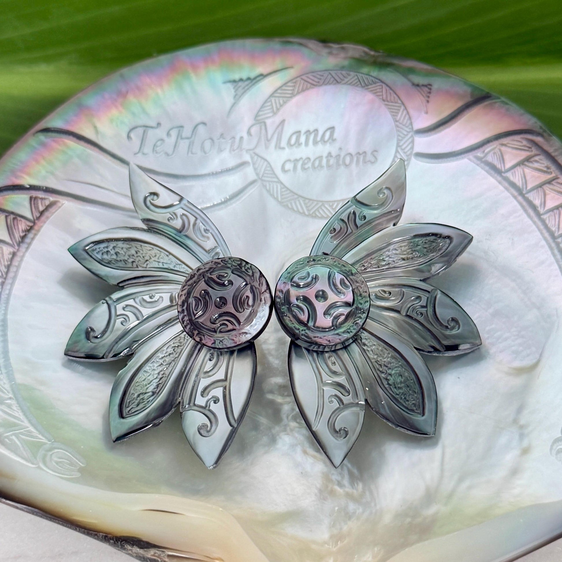 Mother of Pearl Shell earrings • Engraved Tattoo design • Tropical