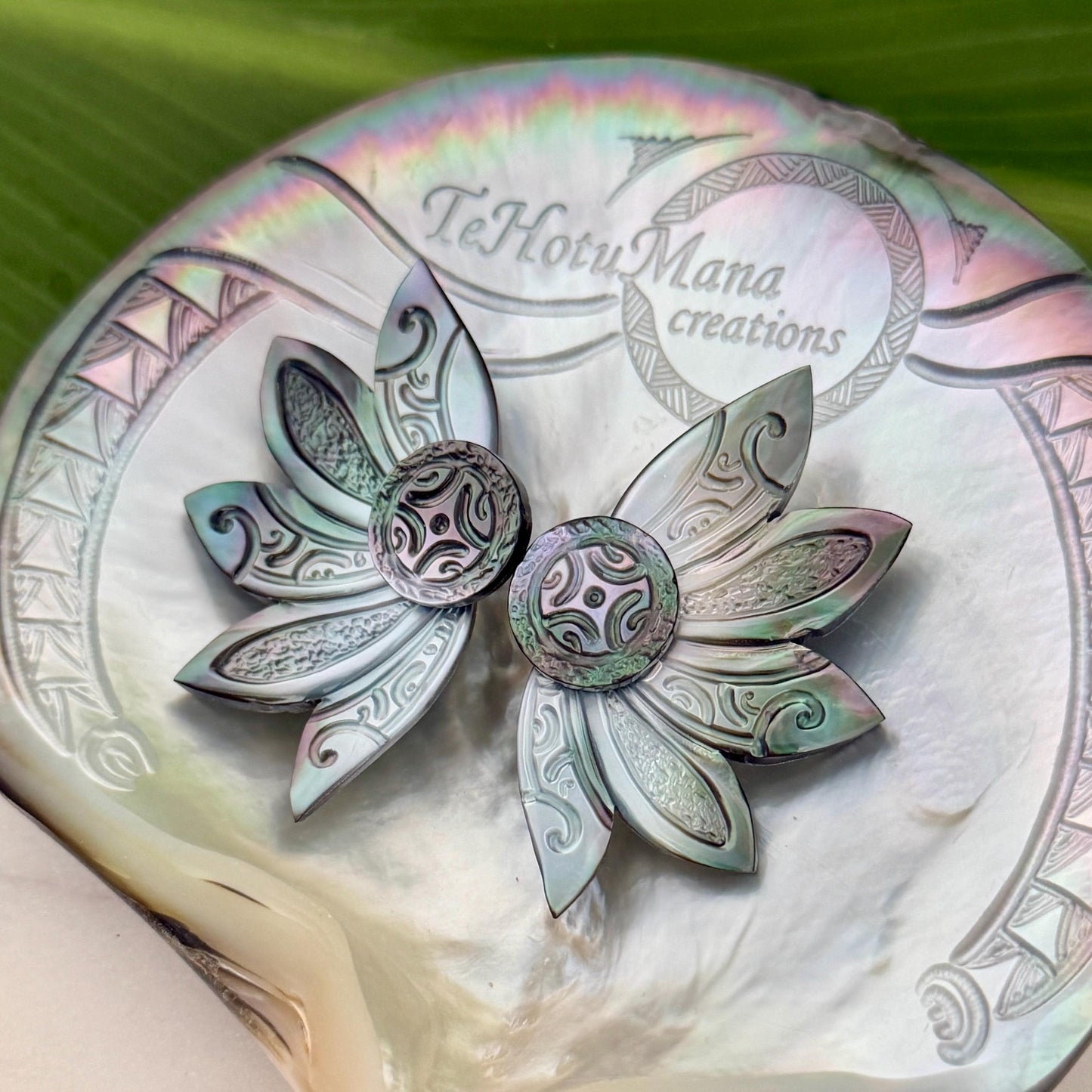 Mother of Pearl Shell earrings • Engraved Tattoo design • Tropical