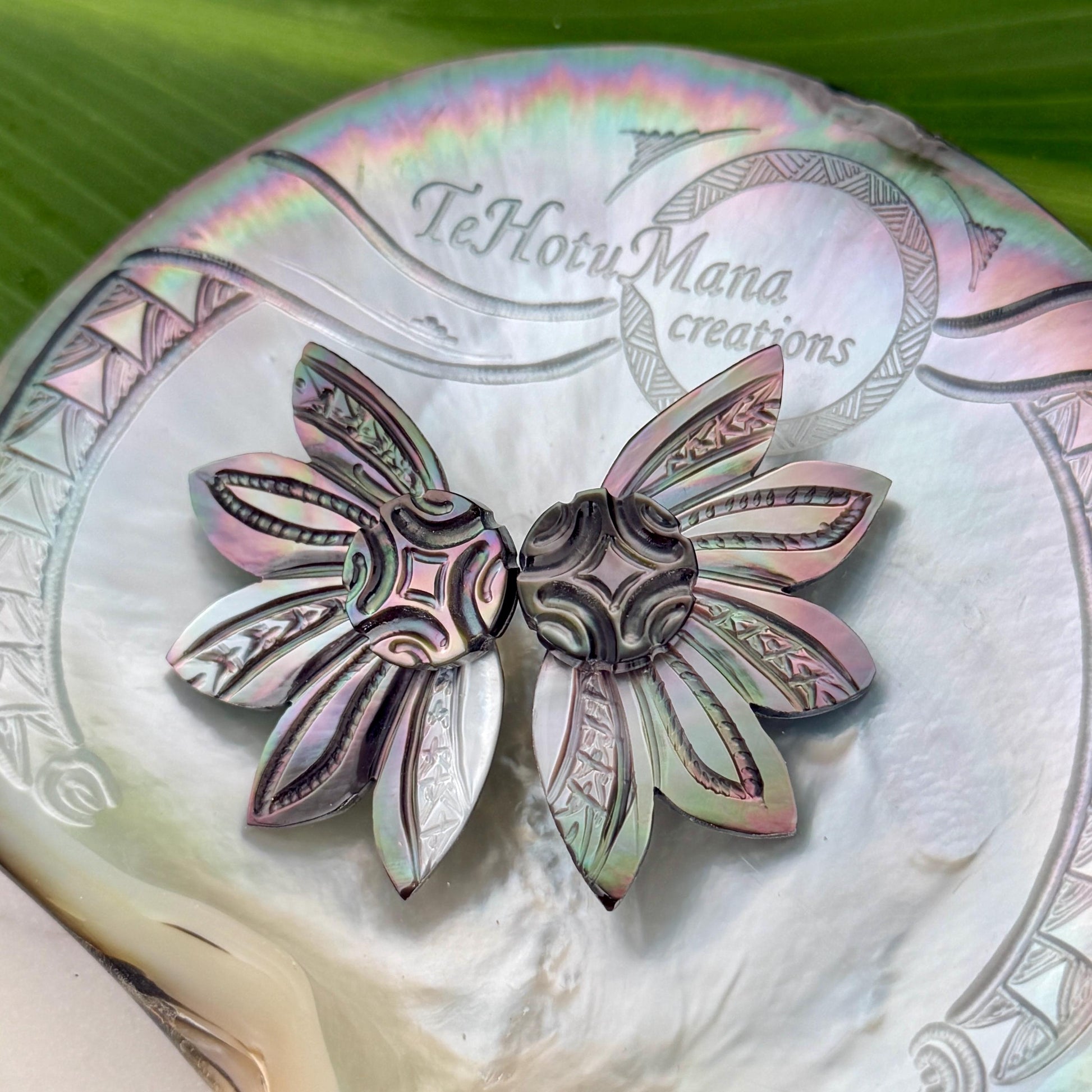 Mother of Pearl Shell earrings • Engraved Tattoo design • Tropical