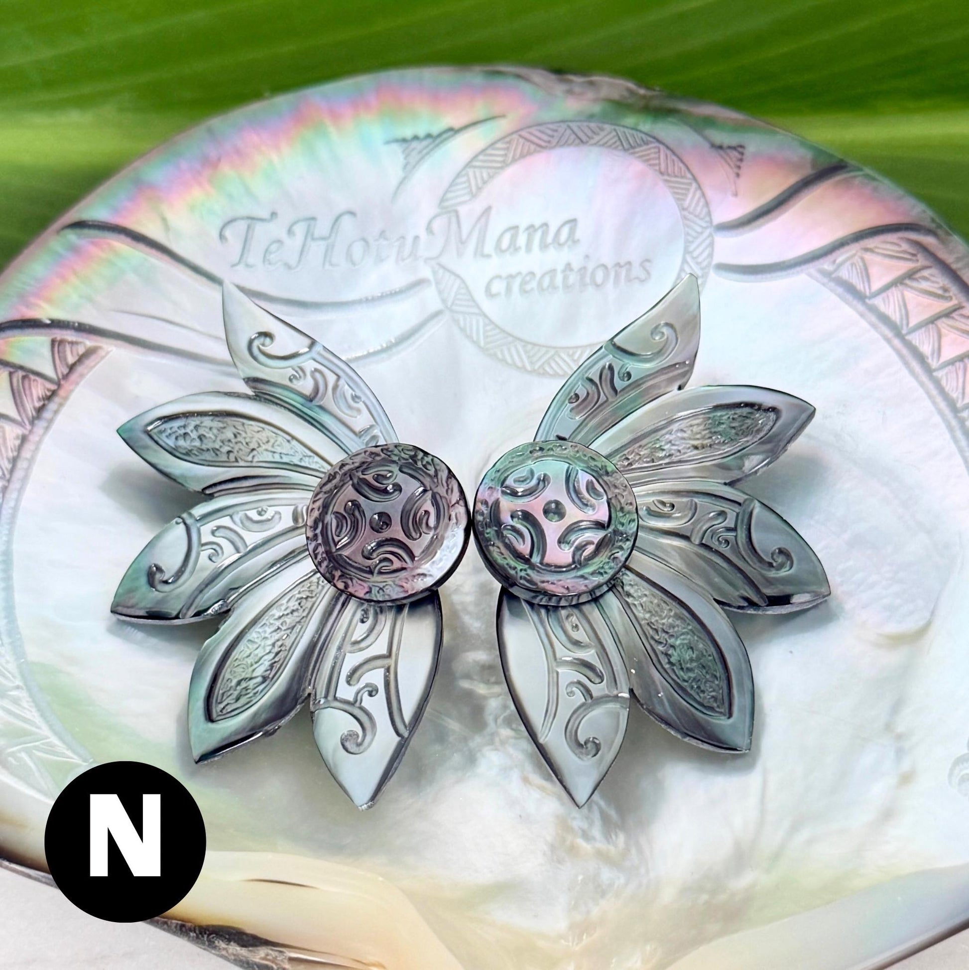 Mother of Pearl Shell earrings • Engraved Tattoo design • Tropical