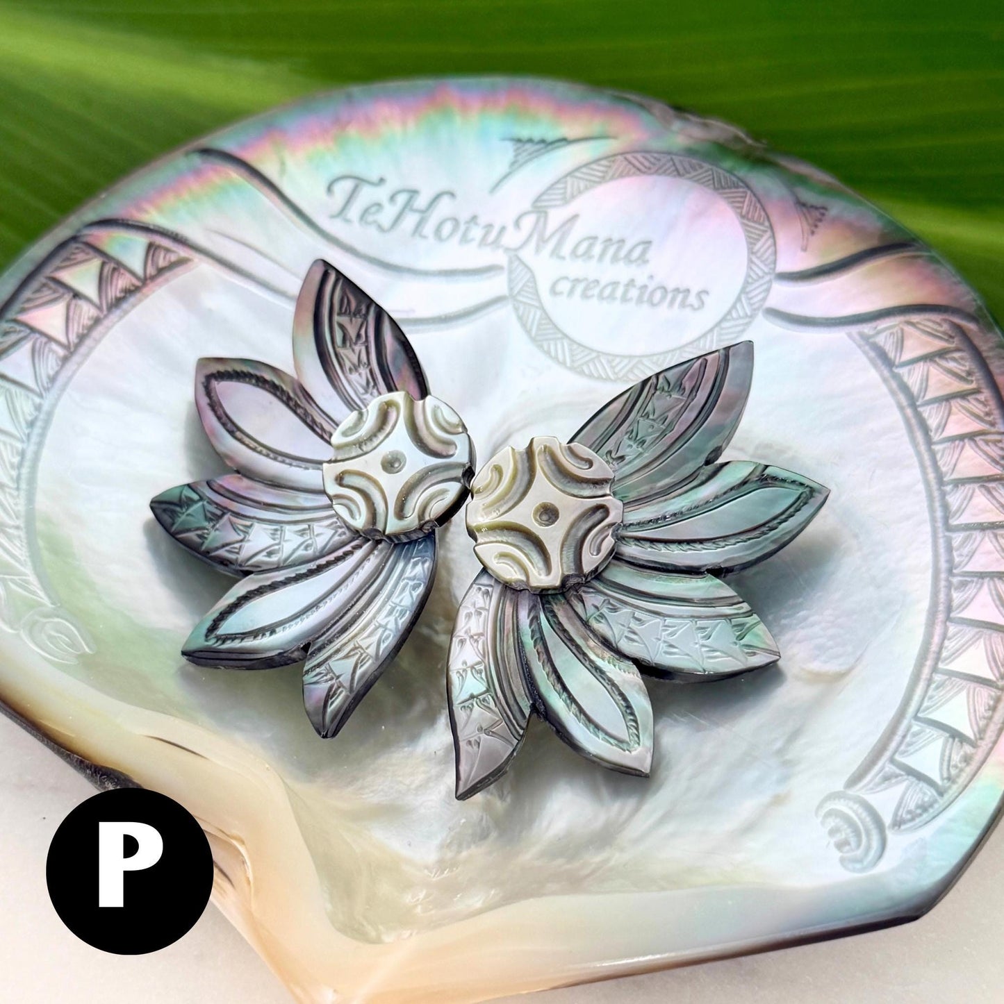 Mother of Pearl Shell earrings • Engraved Tattoo design • Tropical