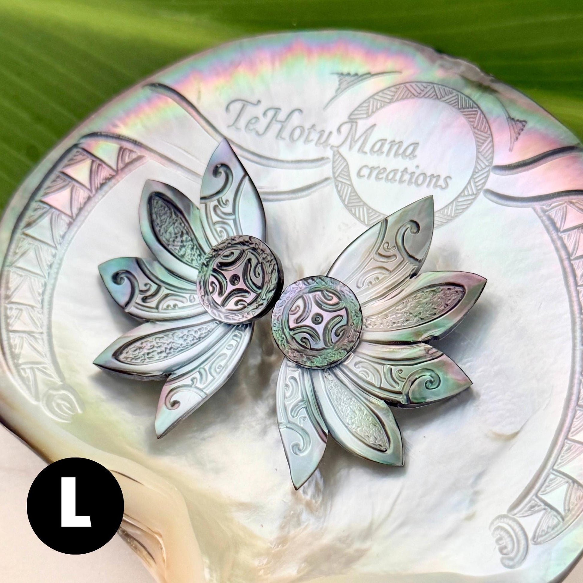 Mother of Pearl Shell earrings • Engraved Tattoo design • Tropical