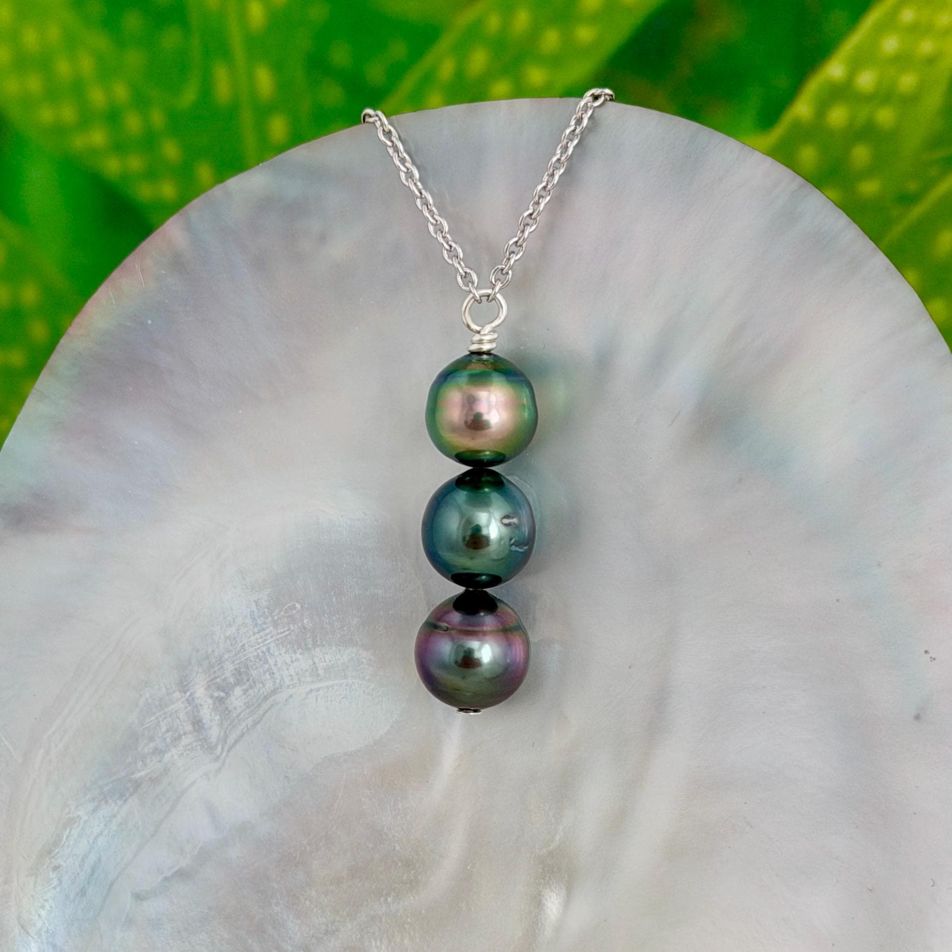 Tahitian Pearl Necklace • Triple • vertical bar • Blue, Peacock, Aubergine color • Sterling silver