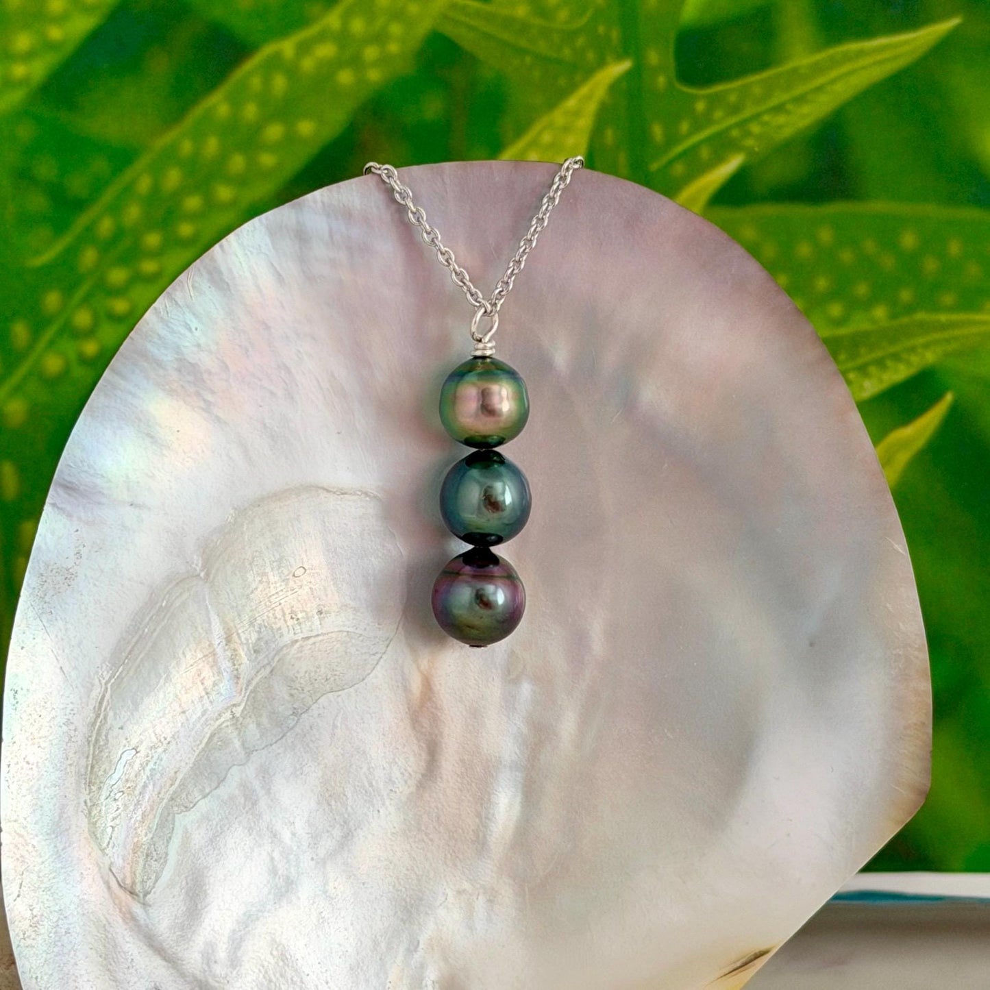 Tahitian Pearl Necklace • Triple • vertical bar • Blue, Peacock, Aubergine color • Sterling silver